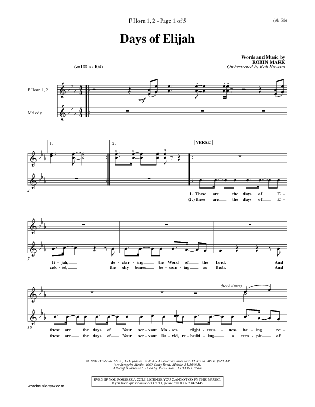 Days of Elijah French Horn 1/2 (Robin Mark)