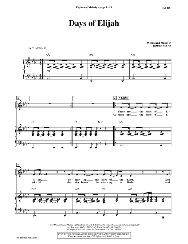 Days of Elijah Piano/Vocal (Robin Mark)