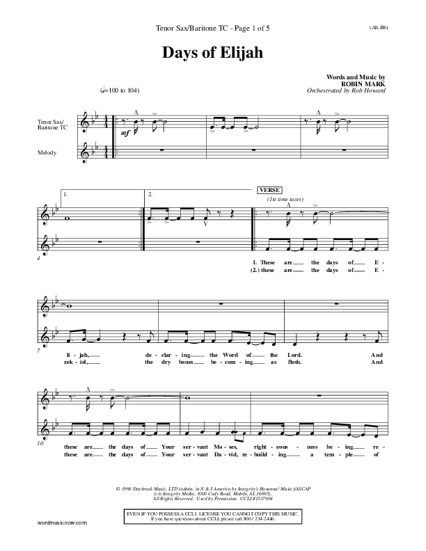 Days of Elijah Tenor Sax 1 (Robin Mark)