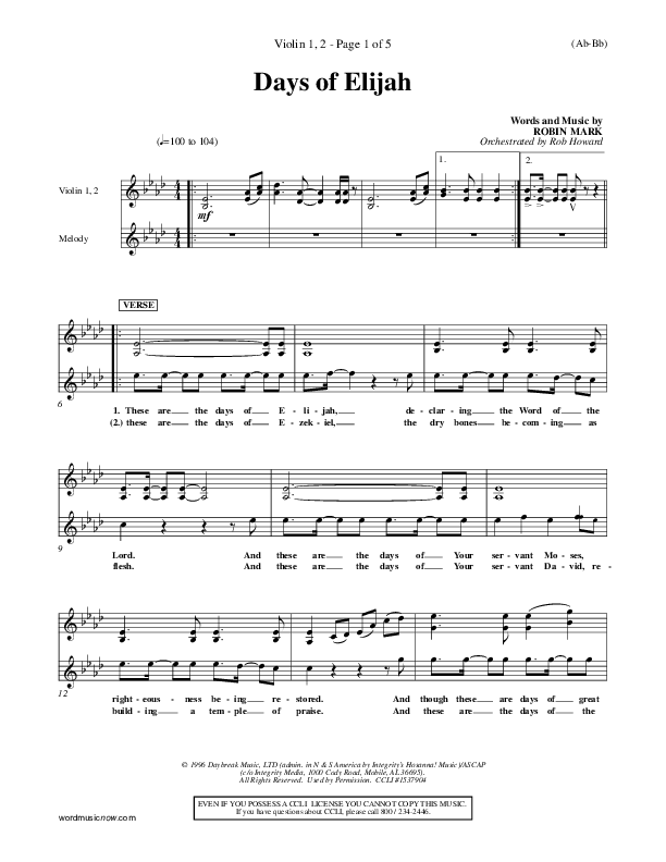 Days of Elijah Violin 1/2 (Robin Mark)