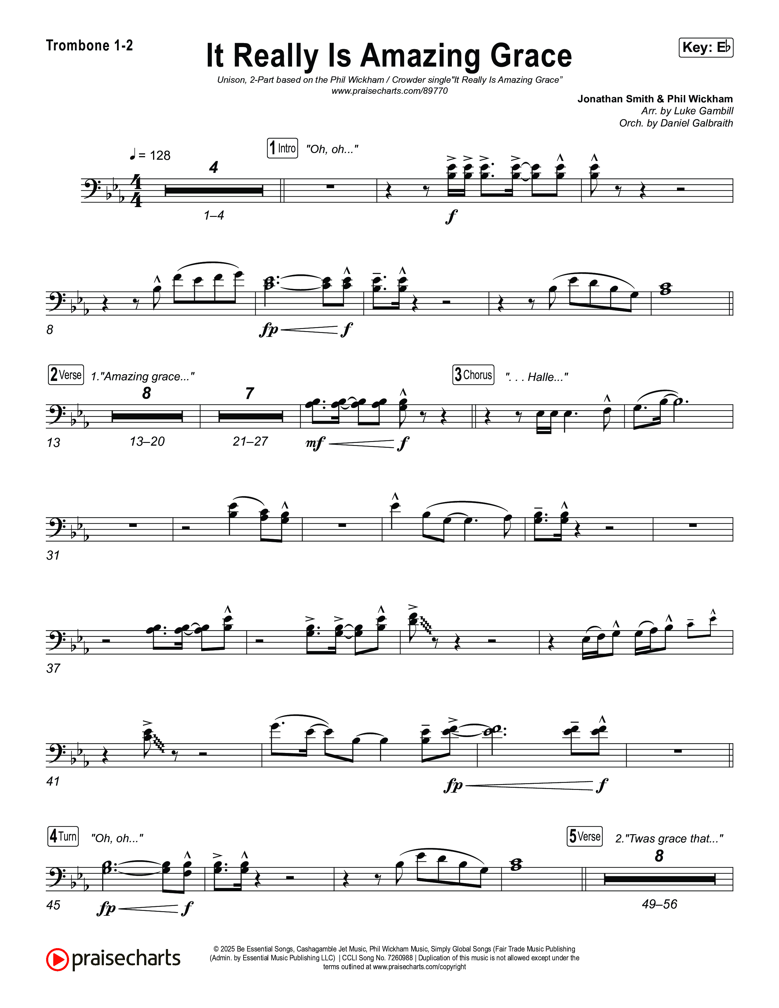 It Really Is Amazing Grace (Unison/2-Part) Trombone 1/2 (Phil Wickham / Crowder / Arr. Luke Gambill)