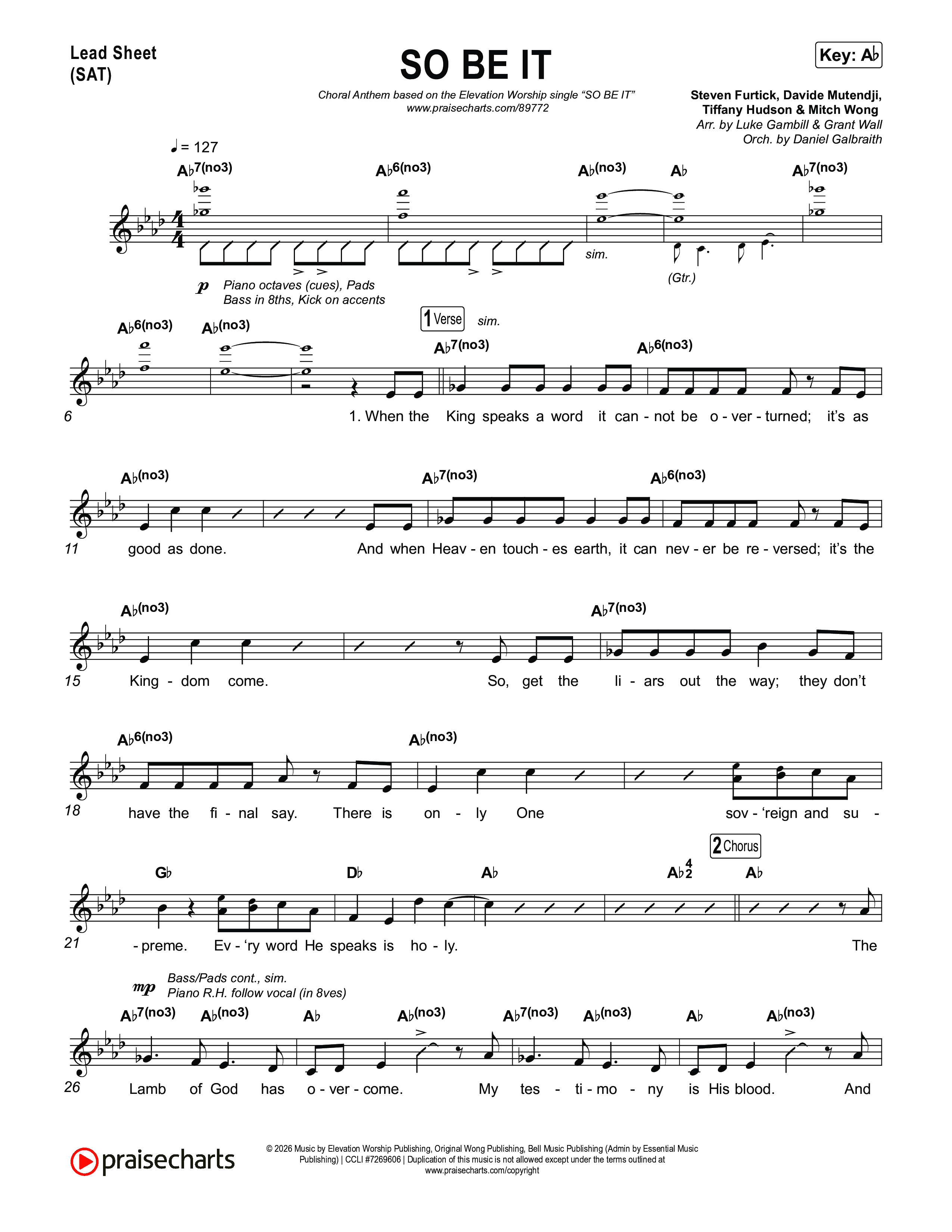 SO BE IT (Choral Anthem SATB) Lead Sheet (SAT) (Elevation Worship / Tiffany Hudson / Chris Brown / Arr. Luke Gambill)