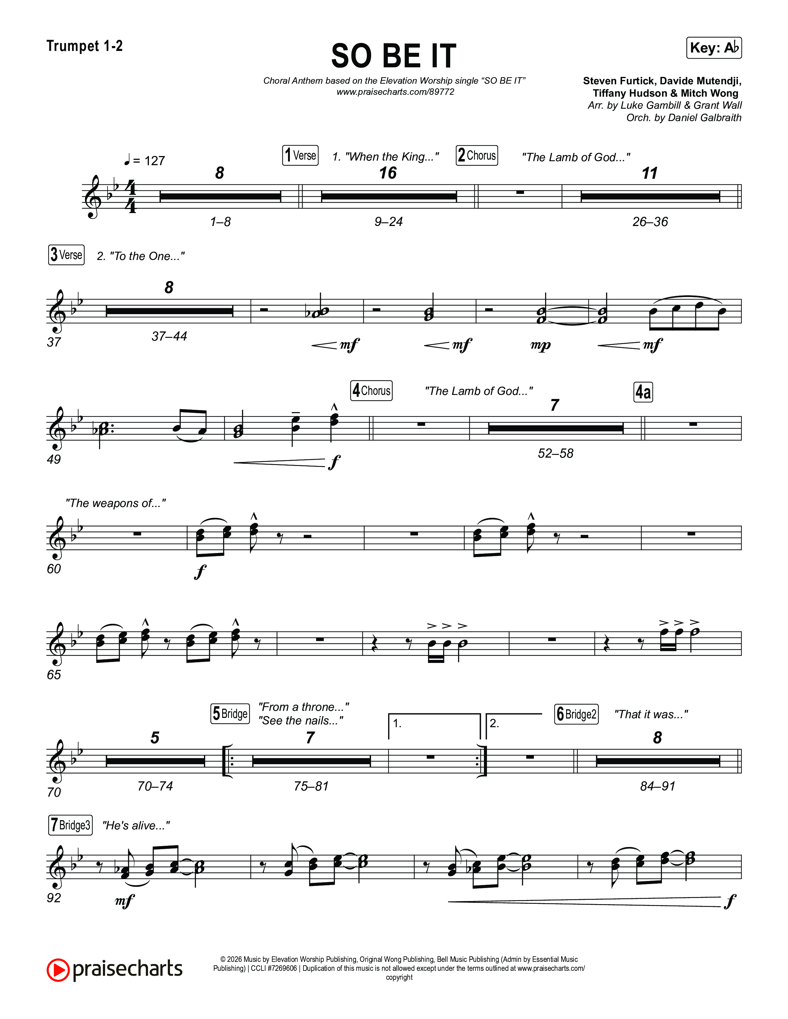 SO BE IT (Choral Anthem SATB) Trumpet 1,2 (Elevation Worship / Tiffany Hudson / Chris Brown / Arr. Luke Gambill)