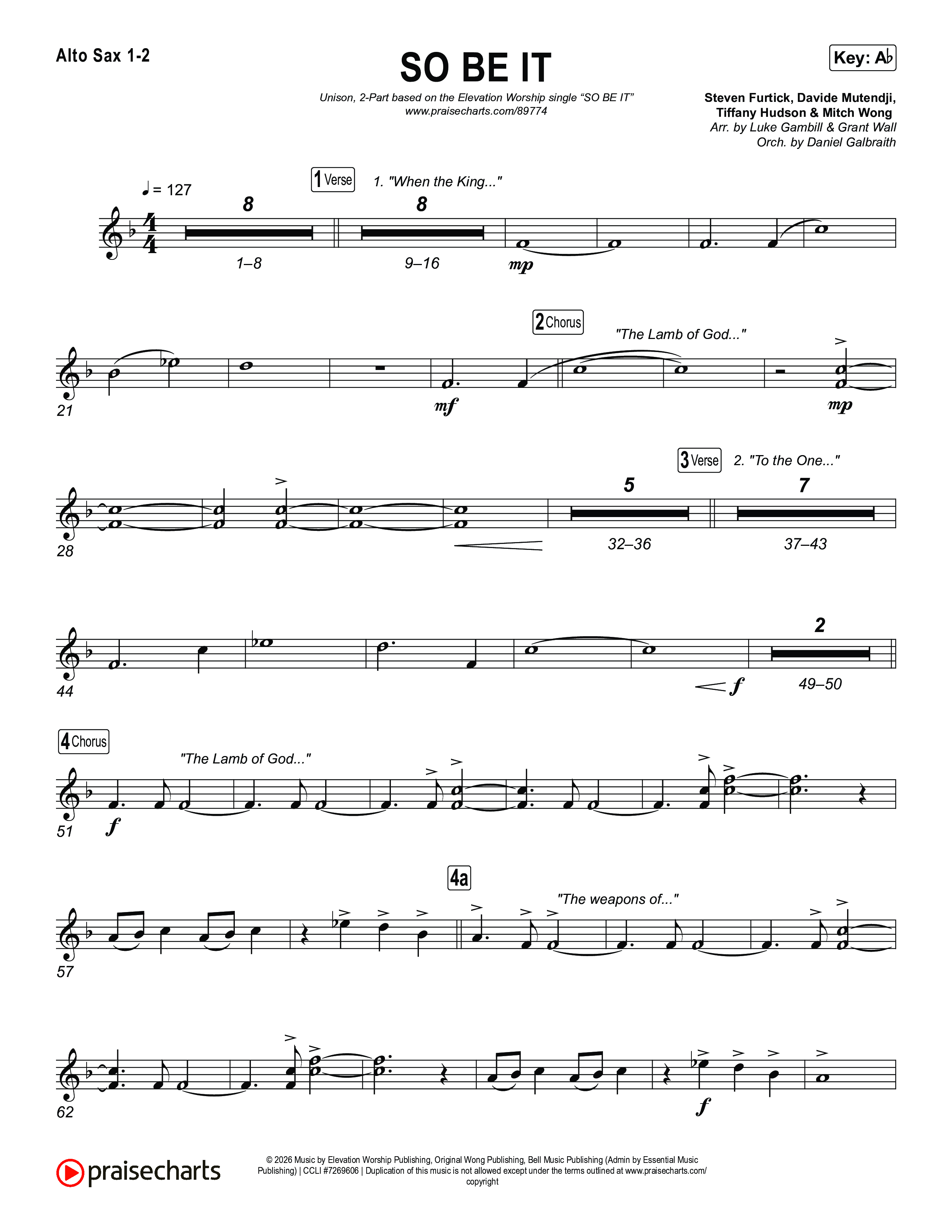 SO BE IT (Unison/2-Part) Alto Sax 1/2 (Elevation Worship / Tiffany Hudson / Chris Brown / Arr. Luke Gambill)