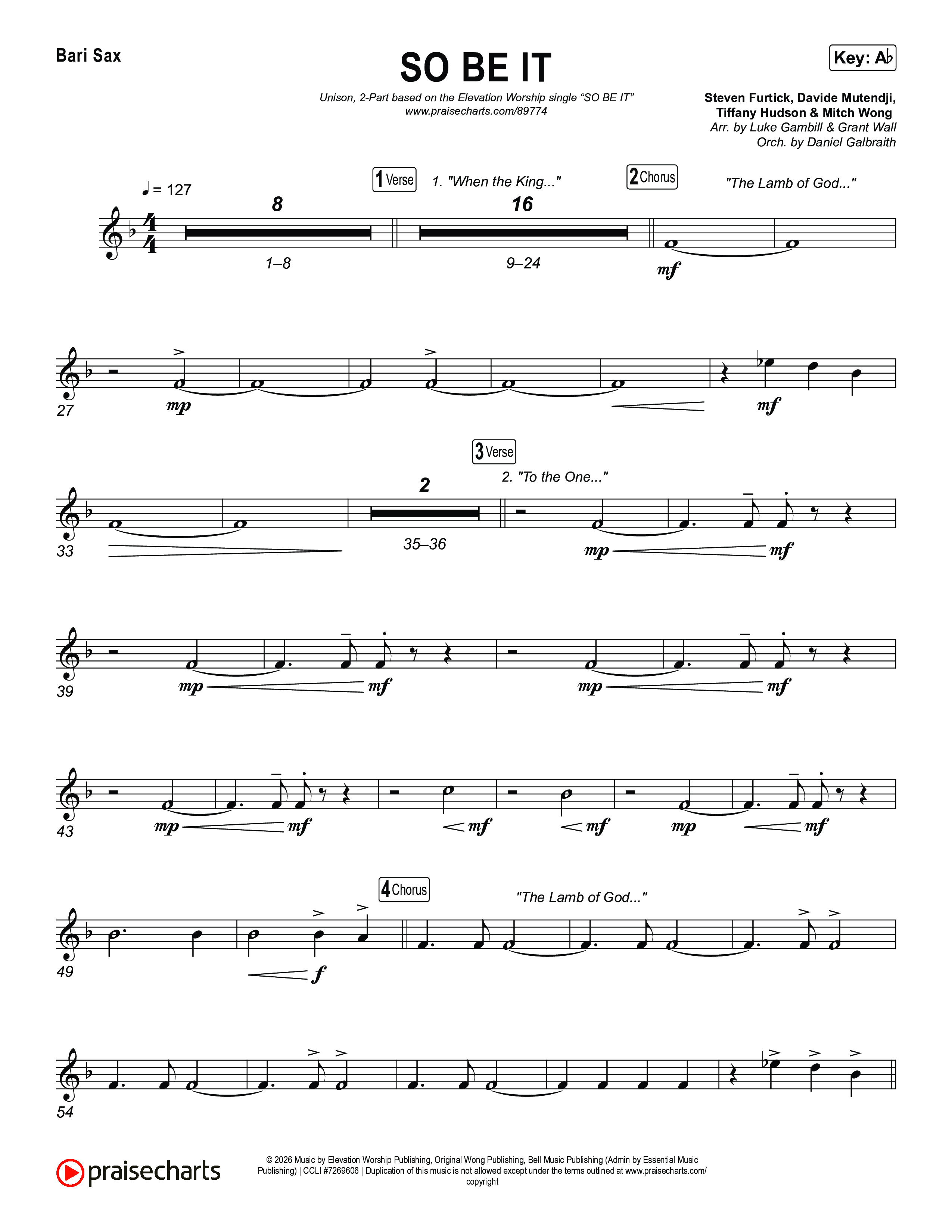 SO BE IT (Unison/2-Part) Bari Sax (Elevation Worship / Tiffany Hudson / Chris Brown / Arr. Luke Gambill)