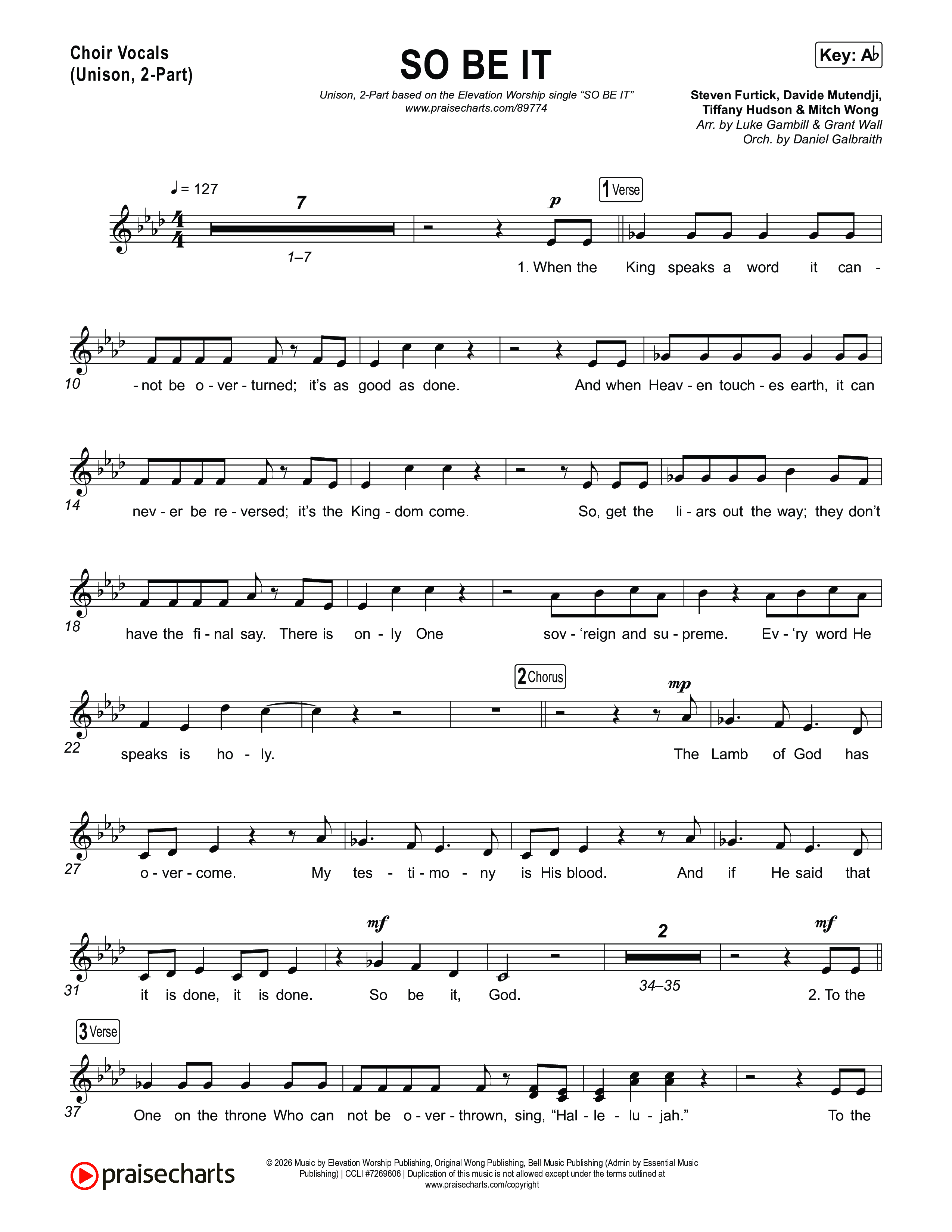 SO BE IT (Unison/2-Part) Choir Vocals (Uni/2-Part) (Elevation Worship / Tiffany Hudson / Chris Brown / Arr. Luke Gambill)