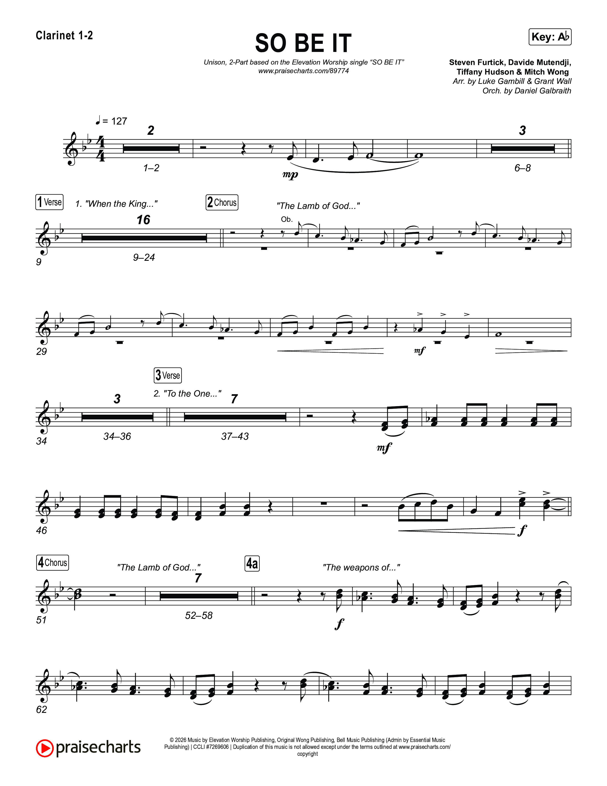 SO BE IT (Unison/2-Part) Clarinet 1/2 (Elevation Worship / Tiffany Hudson / Chris Brown / Arr. Luke Gambill)