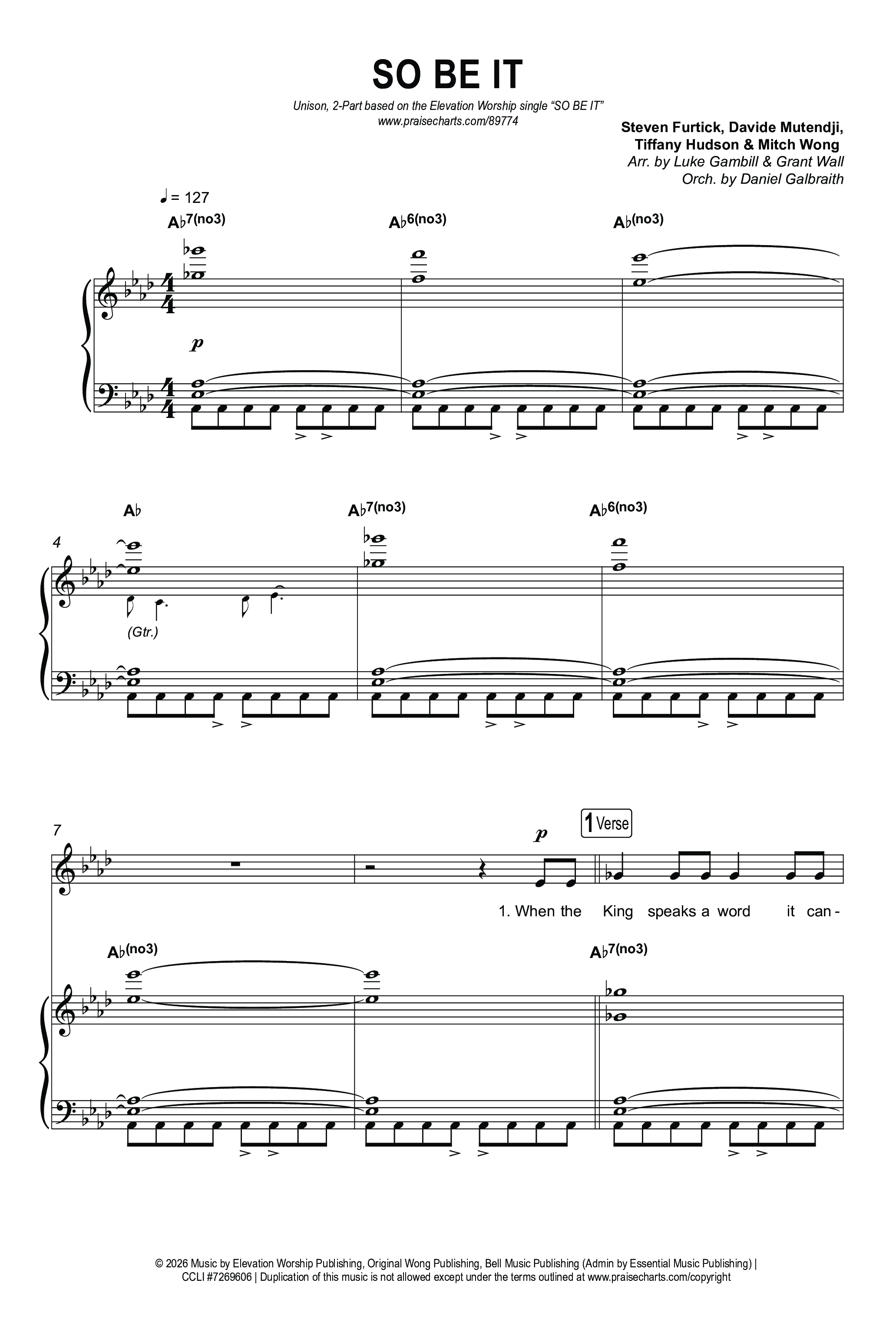 SO BE IT (Unison/2-Part) Octavo (Uni/2-Part & Pno) (Elevation Worship / Tiffany Hudson / Chris Brown / Arr. Luke Gambill)