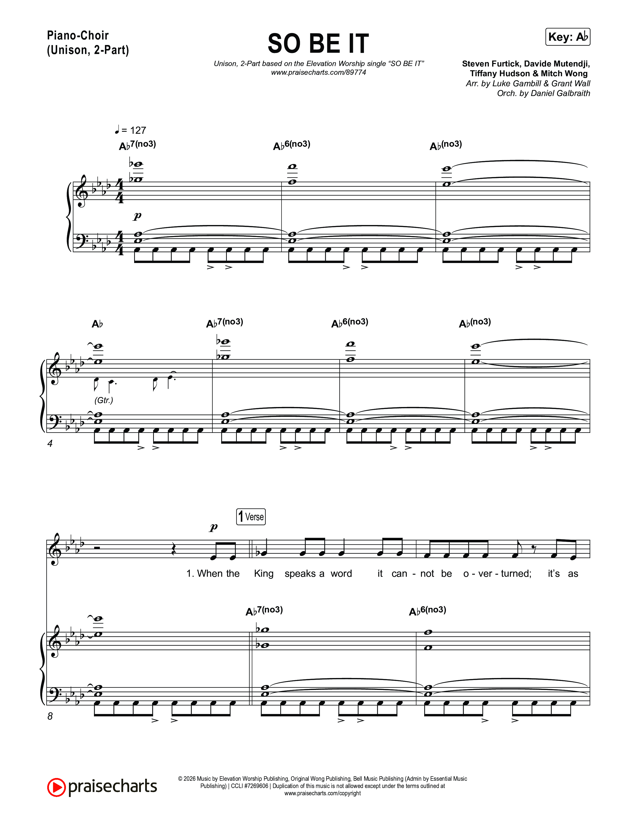 SO BE IT (Unison/2-Part) Piano/Choir  (Uni/2-Part) (Elevation Worship / Tiffany Hudson / Chris Brown / Arr. Luke Gambill)