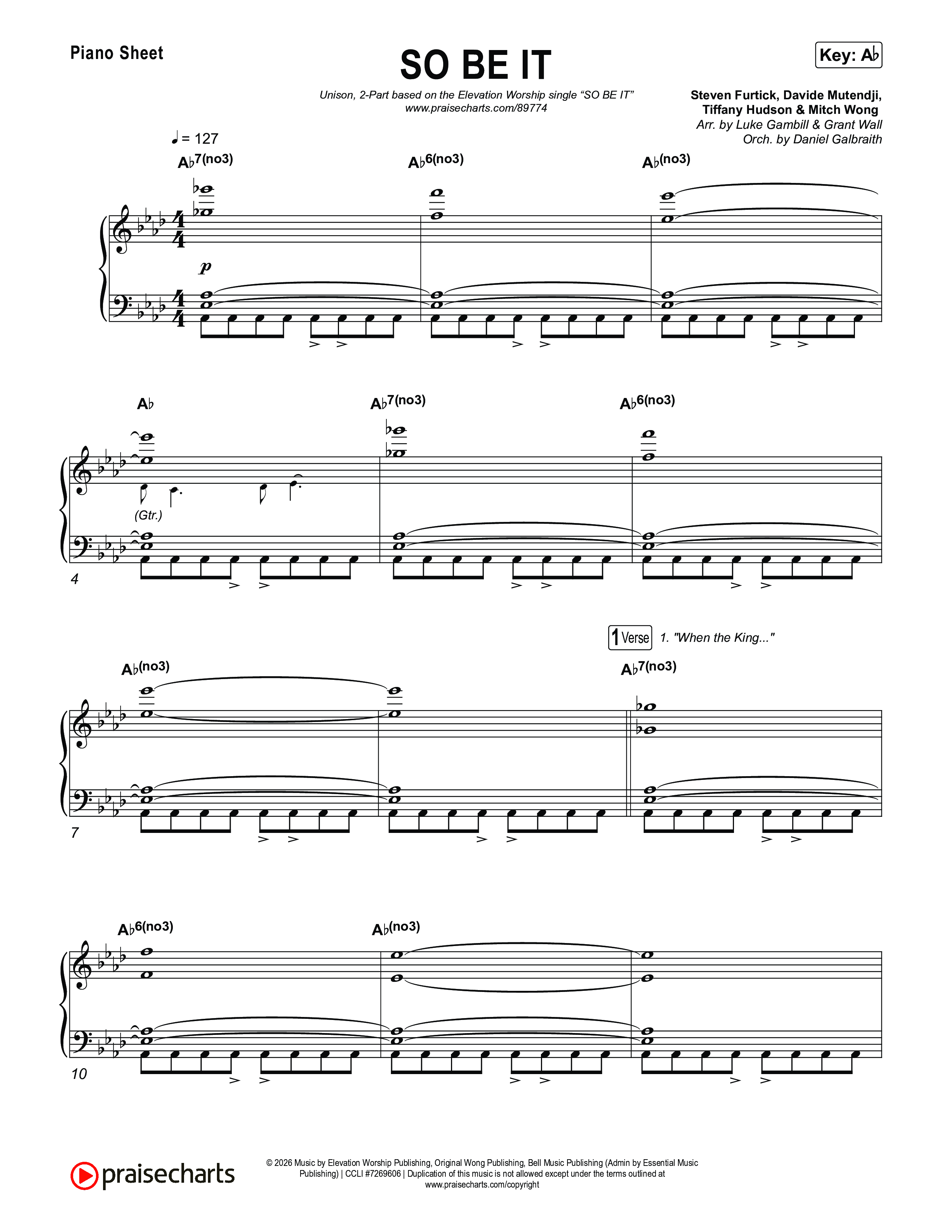 SO BE IT (Unison/2-Part) Piano Sheet (Elevation Worship / Tiffany Hudson / Chris Brown / Arr. Luke Gambill)
