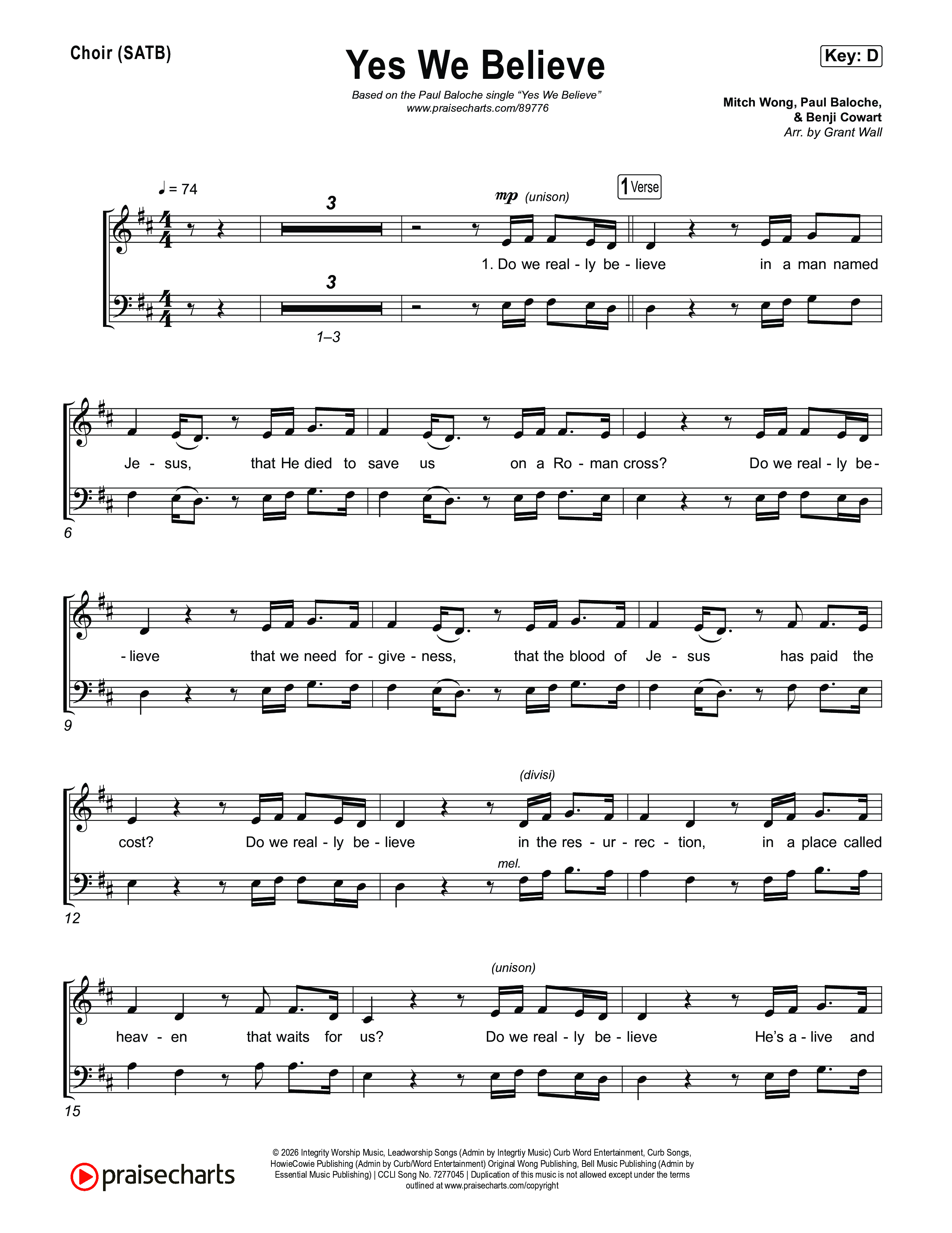 Yes We Believe Choir Sheet (SATB) (Paul Baloche)