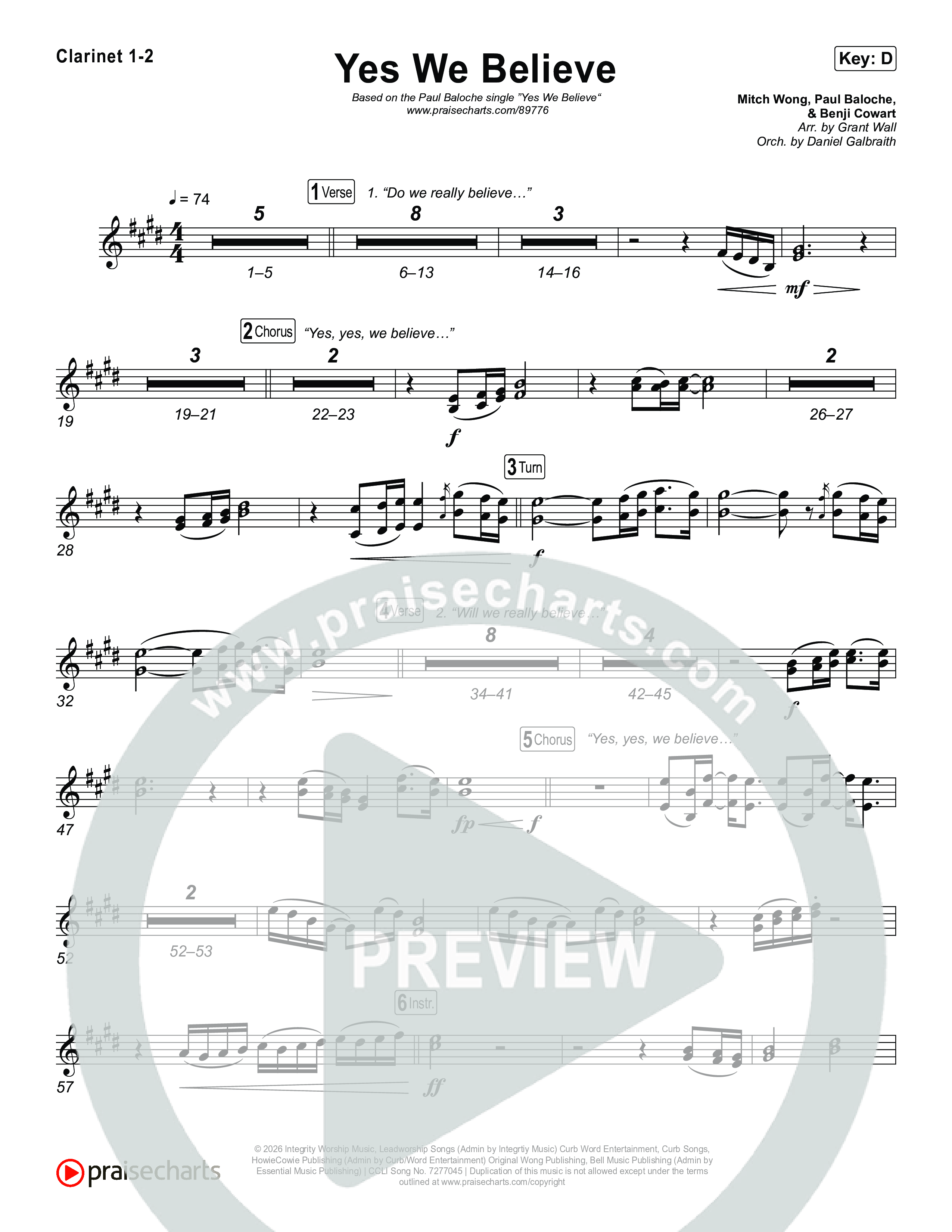 Yes We Believe Clarinet 1/2 (Paul Baloche)