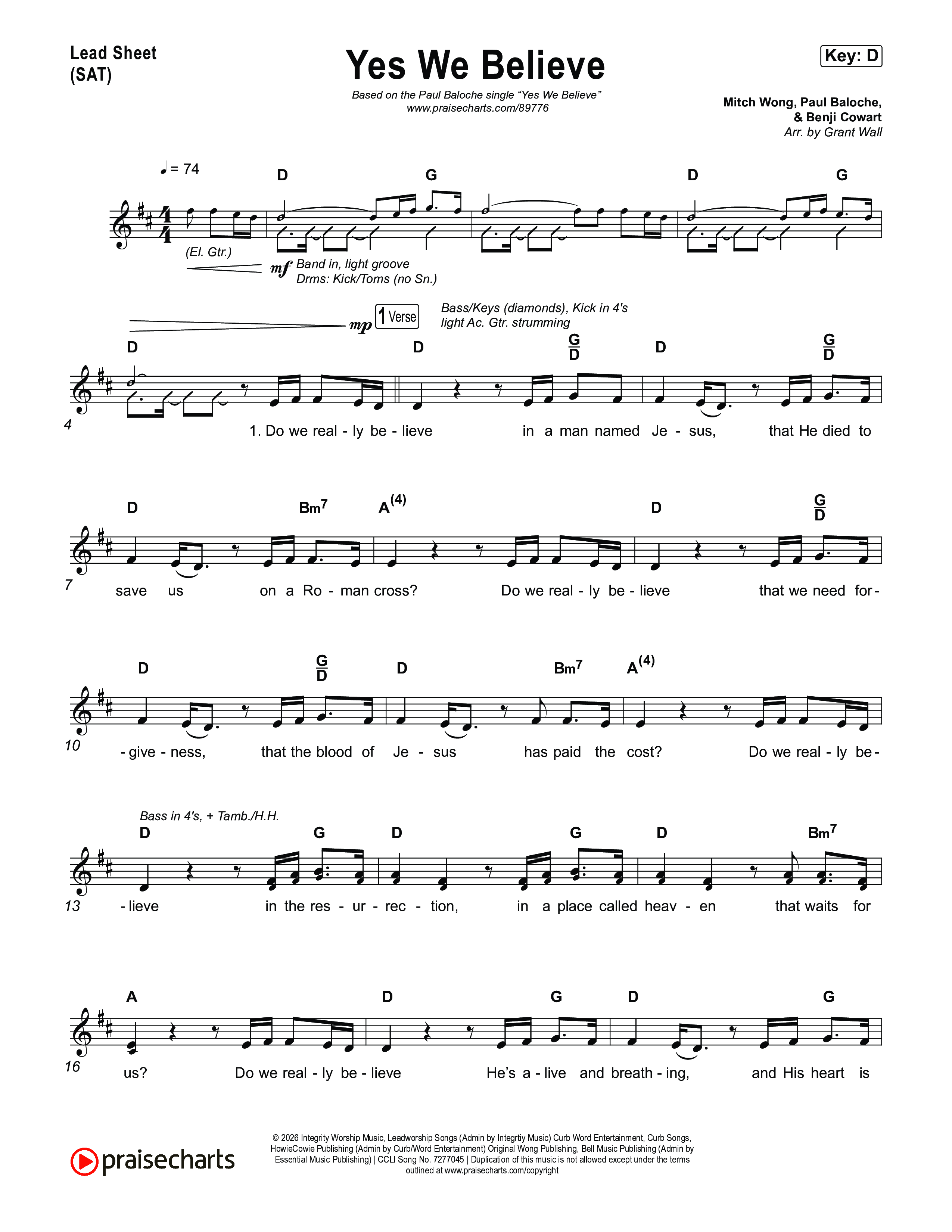 Yes We Believe Lead Sheet (SAT) (Paul Baloche)