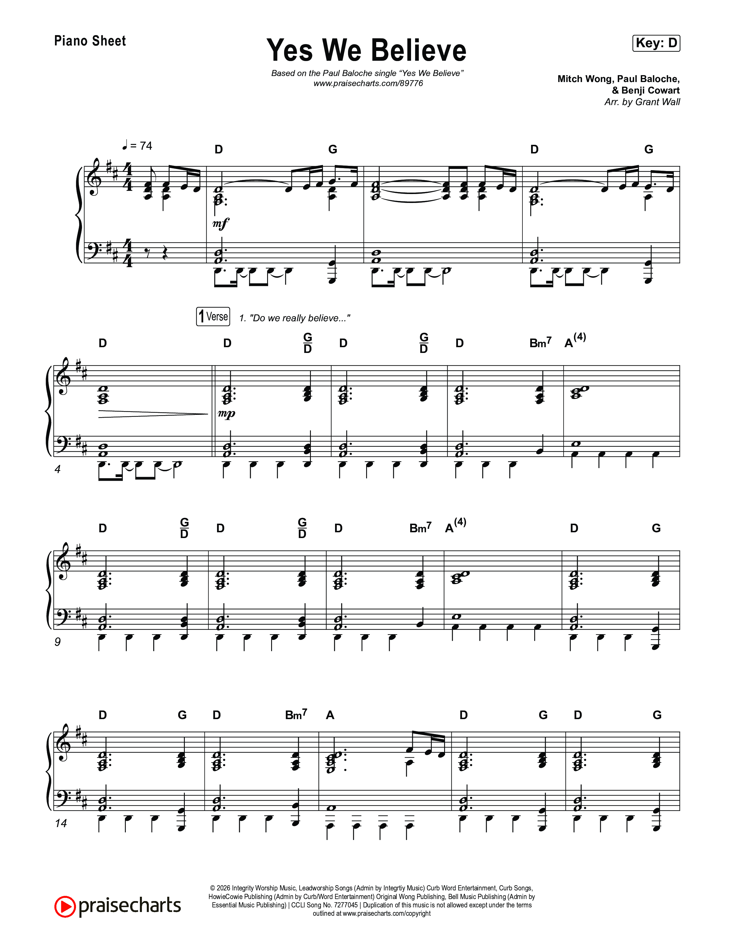 Yes We Believe Piano Sheet (Paul Baloche)