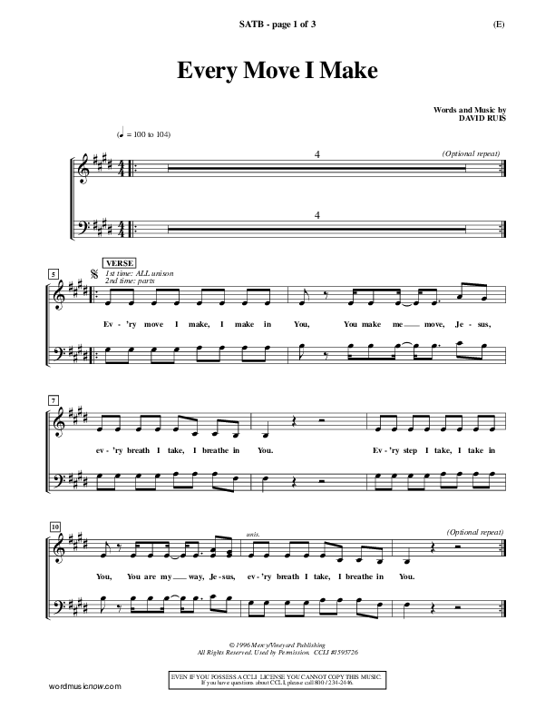 Every Move I Make Choir Sheet (SATB) (David Ruis)