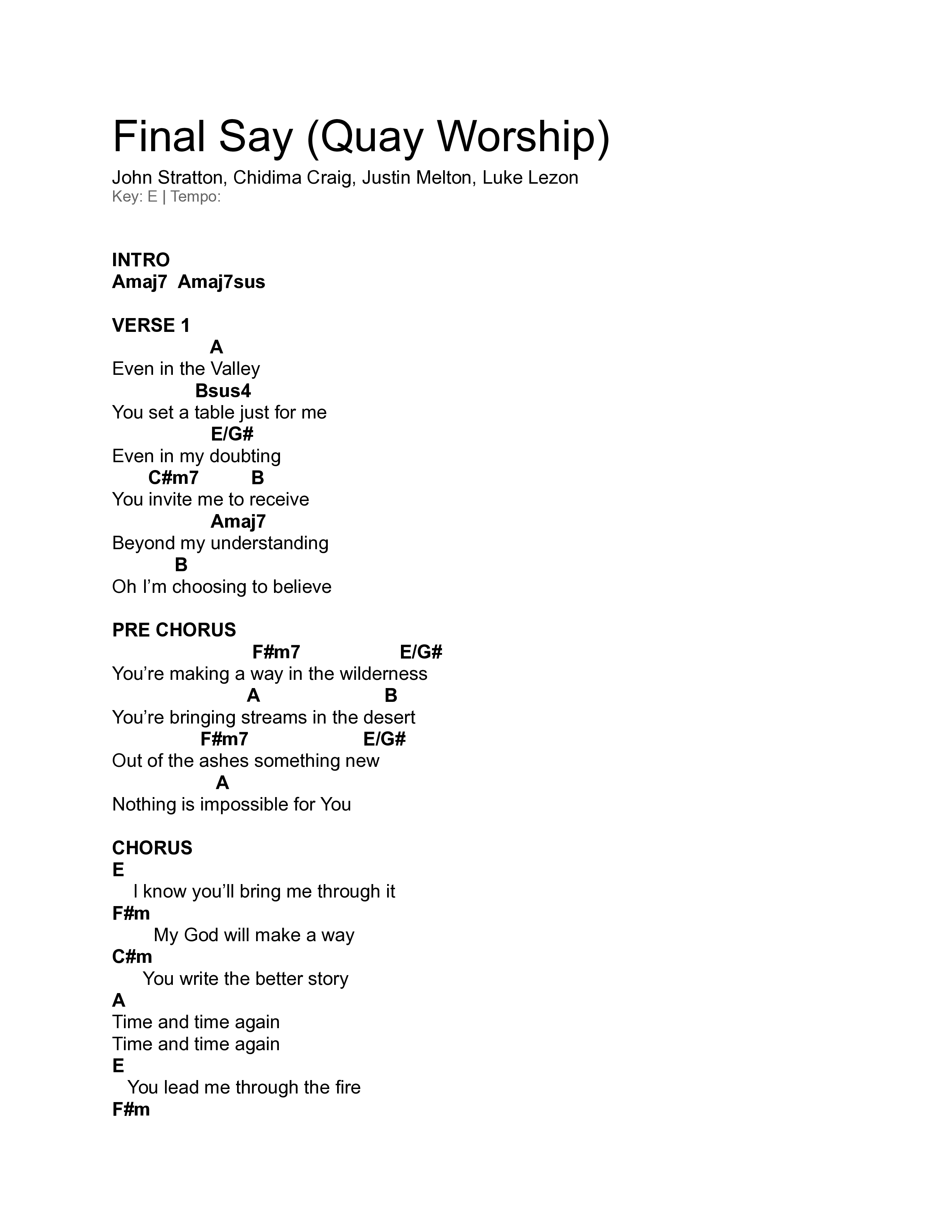 Final Say Chord Chart (Quay Worship / Chidima)