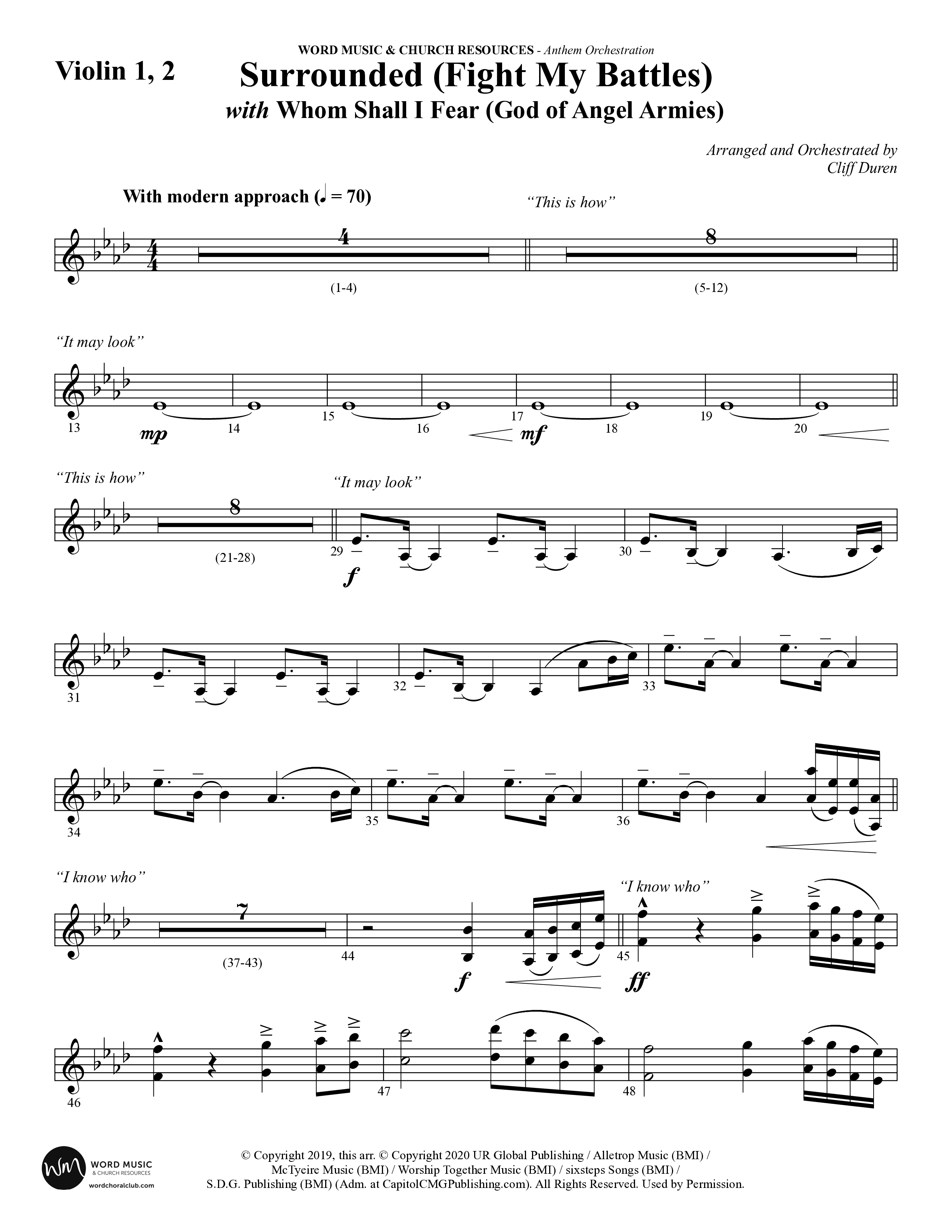 Surrounded (Fight My Battles) (with Whom Shall I Fear (God Of Angel Armies)) (Choral Anthem SATB) Violin 1/2 (Word Music Choral / Arr. Cliff Duren)