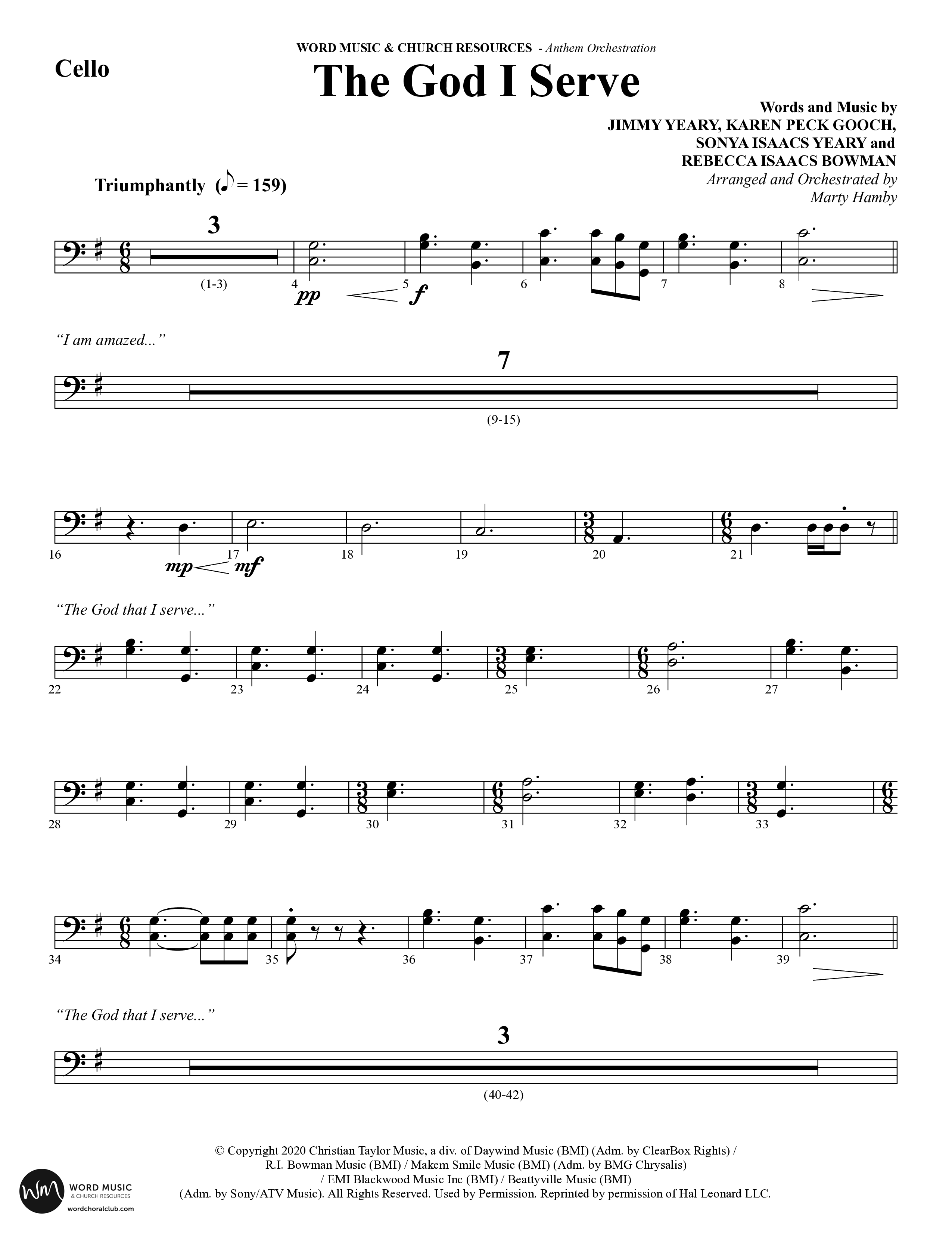 The God I Serve (Choral Anthem SATB) Cello (Word Music Choral / Arr. Marty Hamby)