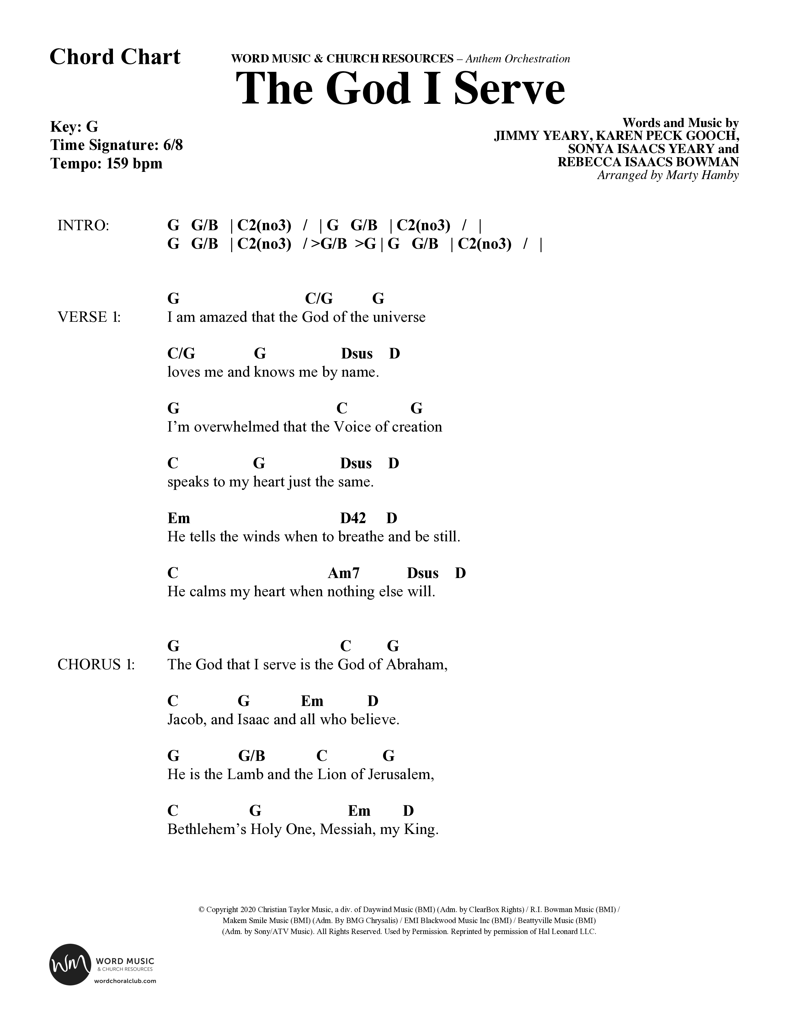 The God I Serve (Choral Anthem SATB) Chord Chart (Word Music Choral / Arr. Marty Hamby)