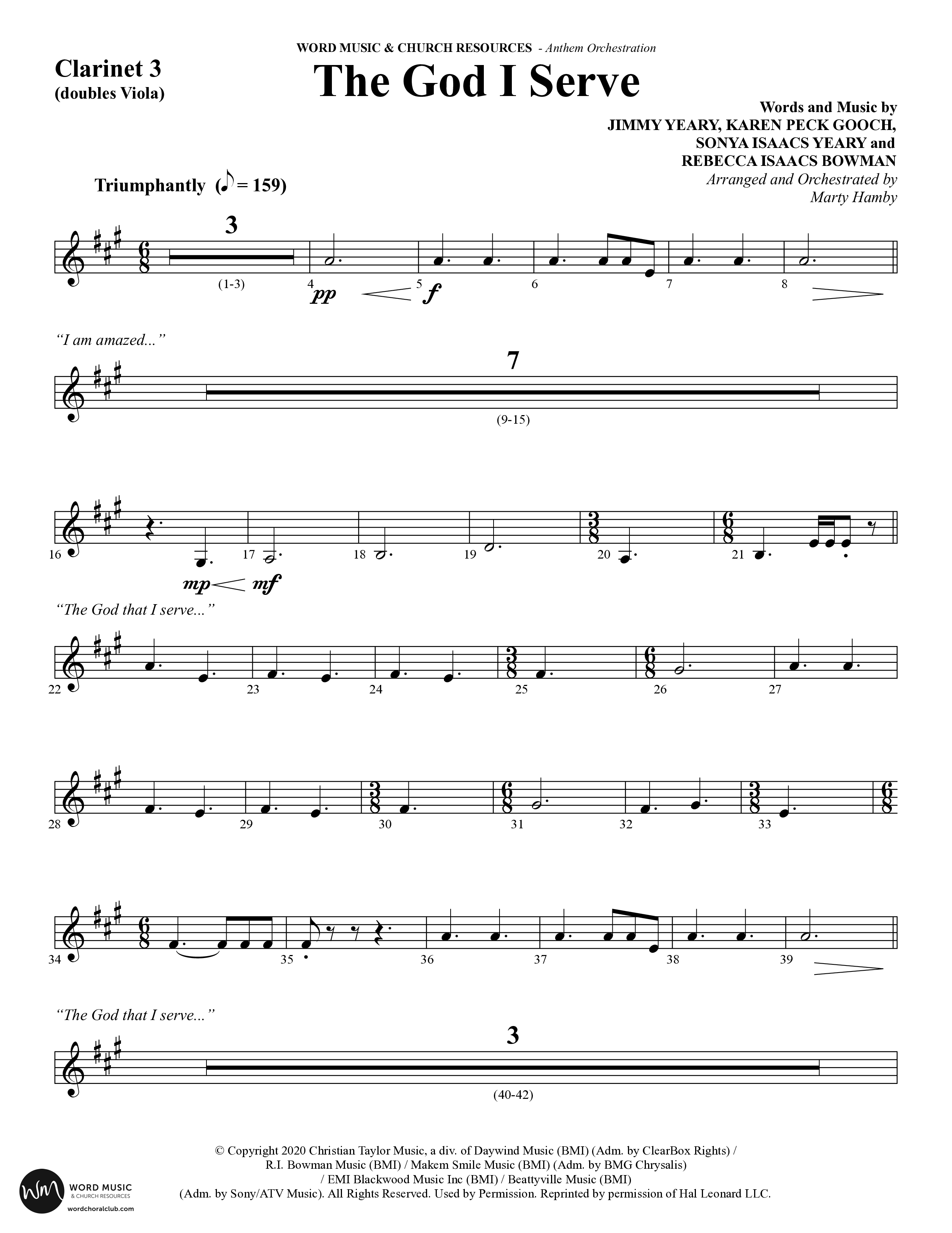 The God I Serve (Choral Anthem SATB) Clarinet 3 (Word Music Choral / Arr. Marty Hamby)