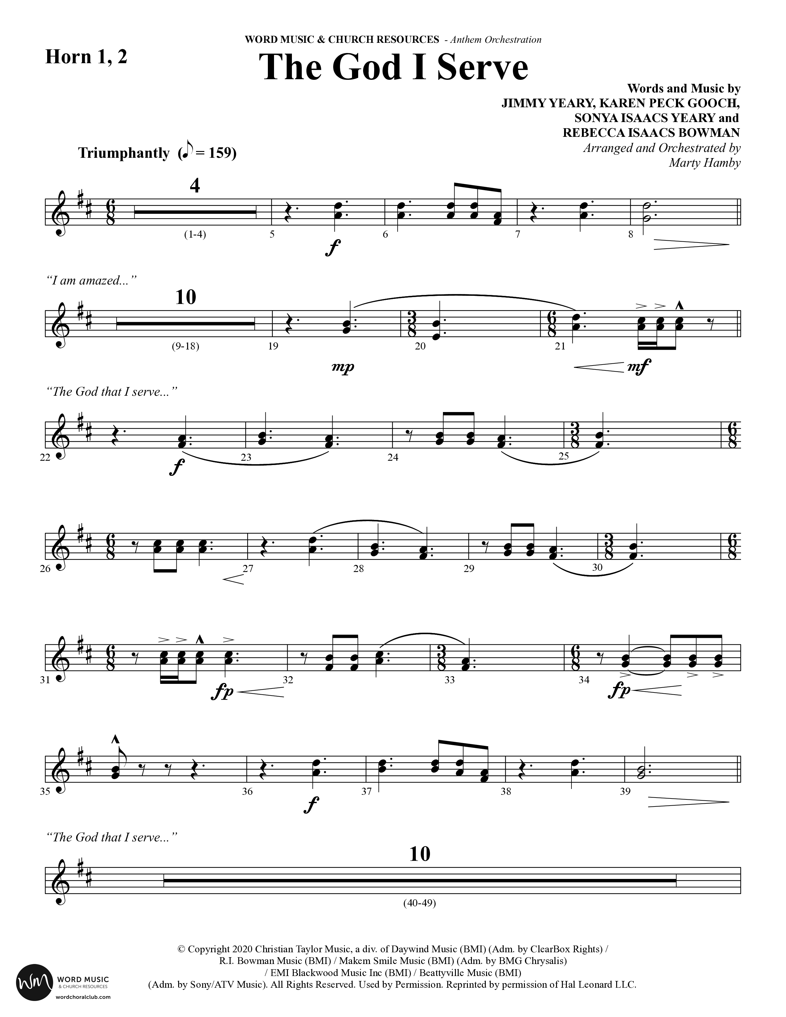 The God I Serve (Choral Anthem SATB) French Horn 1/2 (Word Music Choral / Arr. Marty Hamby)
