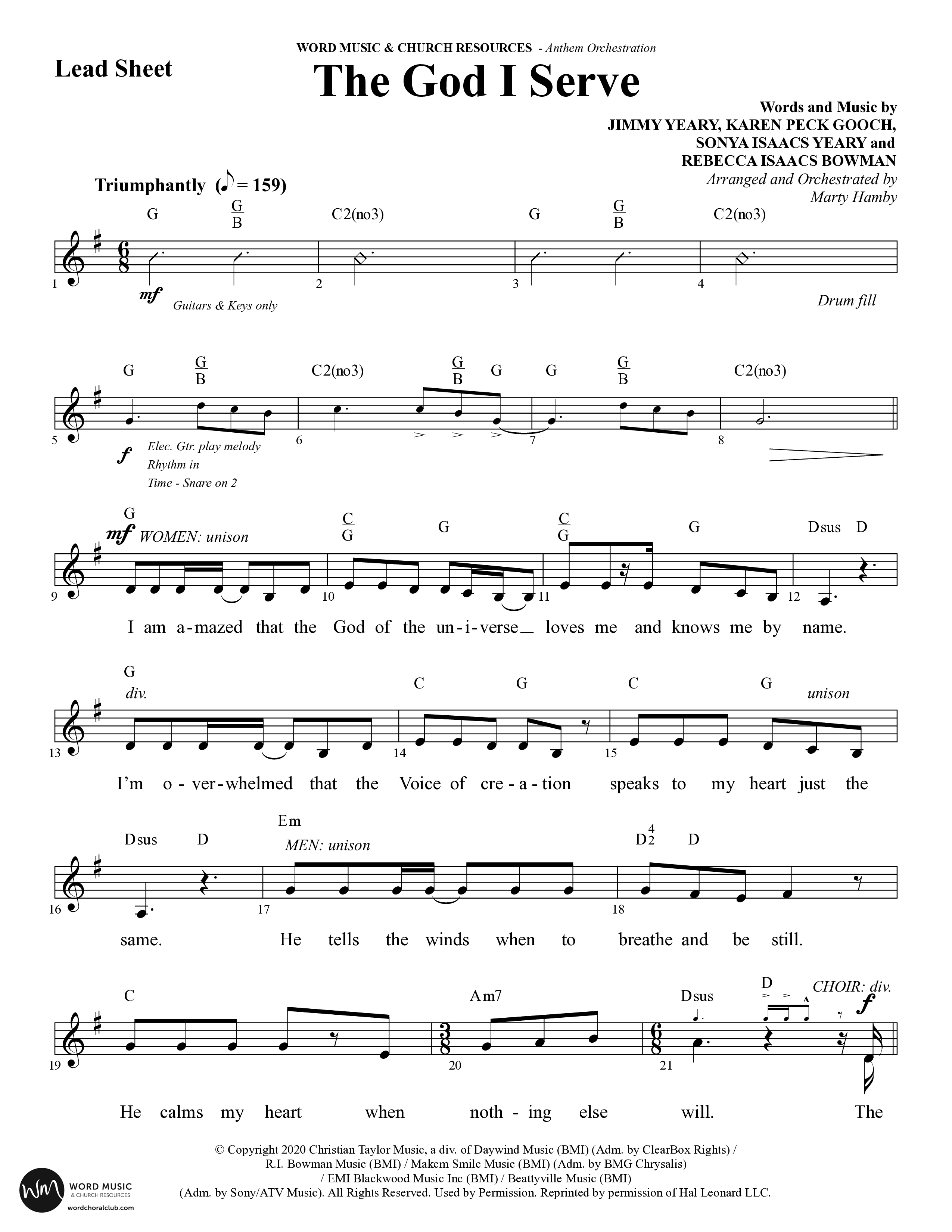 The God I Serve (Choral Anthem SATB) Lead Sheet (SAT) (Word Music Choral / Arr. Marty Hamby)