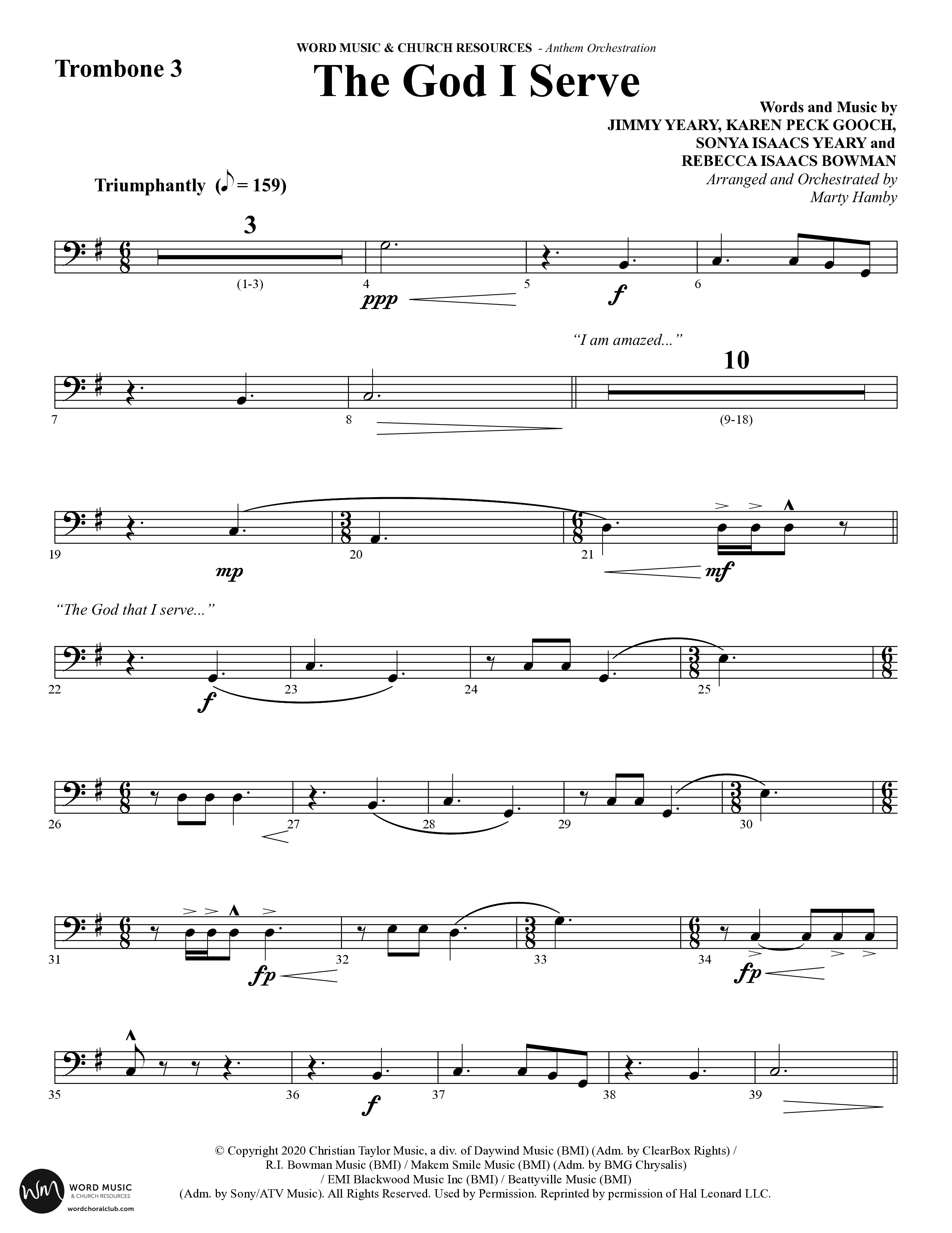 The God I Serve (Choral Anthem SATB) Trombone 3 (Word Music Choral / Arr. Marty Hamby)