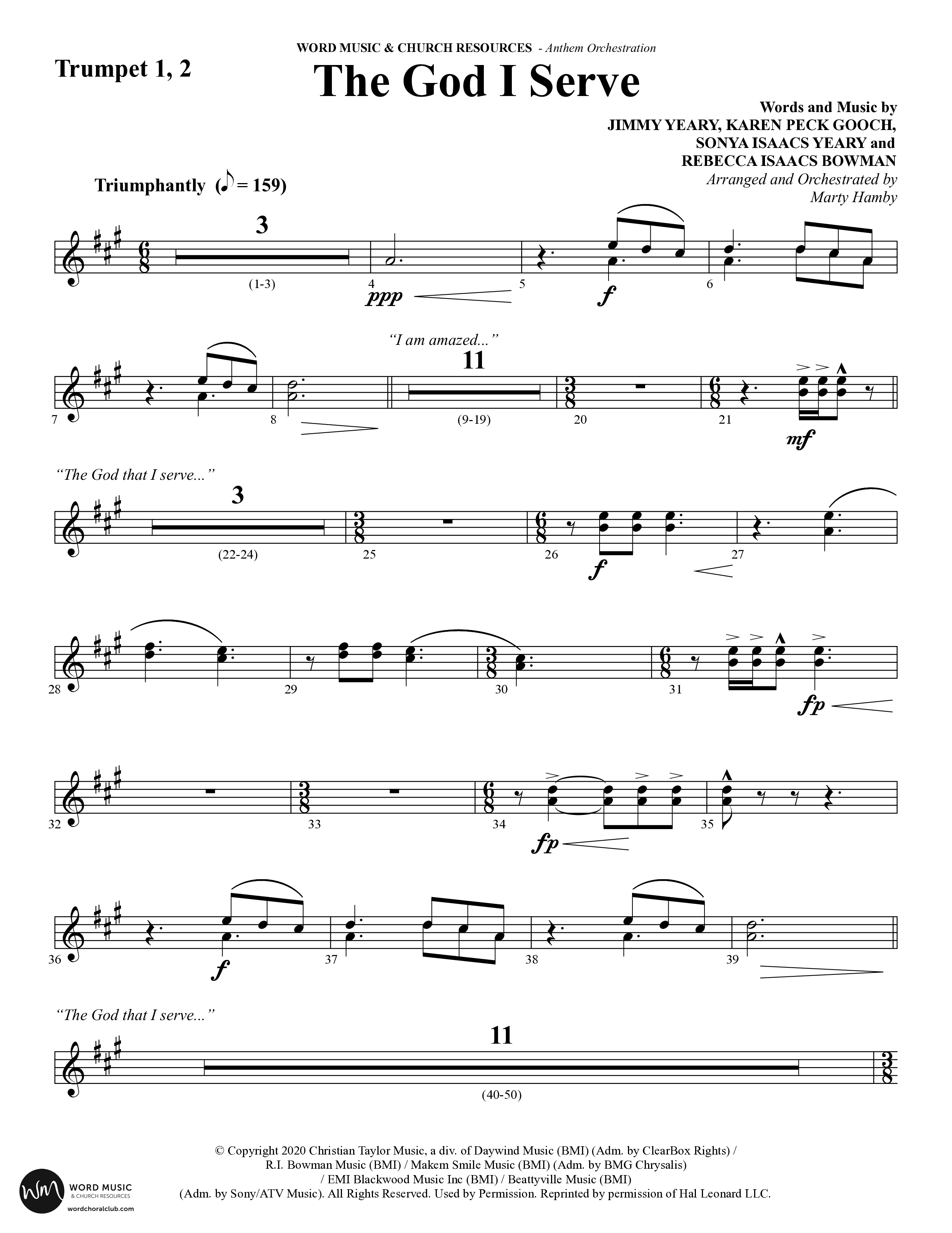 The God I Serve (Choral Anthem SATB) Trumpet 1,2 (Word Music Choral / Arr. Marty Hamby)