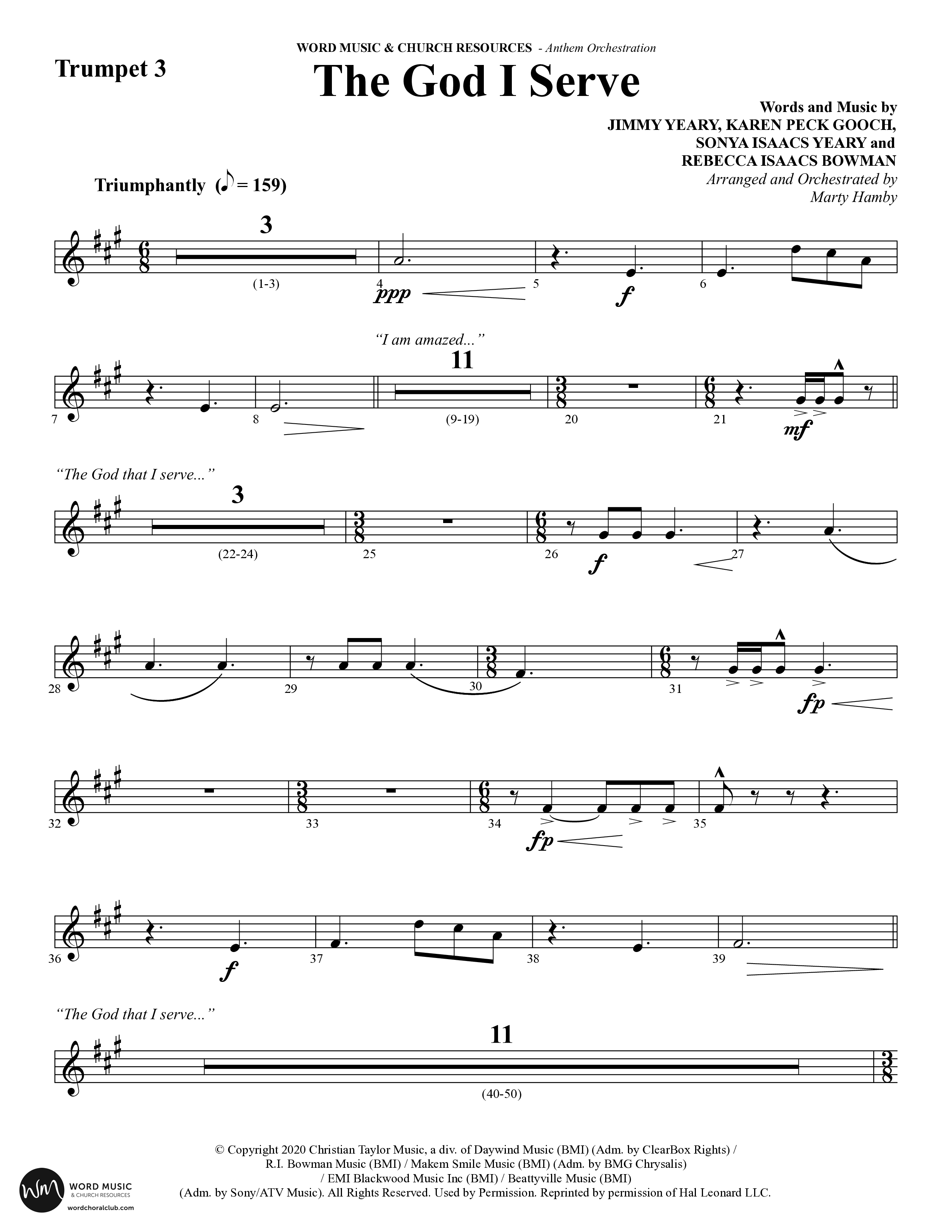 The God I Serve (Choral Anthem SATB) Trumpet 3 (Word Music Choral / Arr. Marty Hamby)
