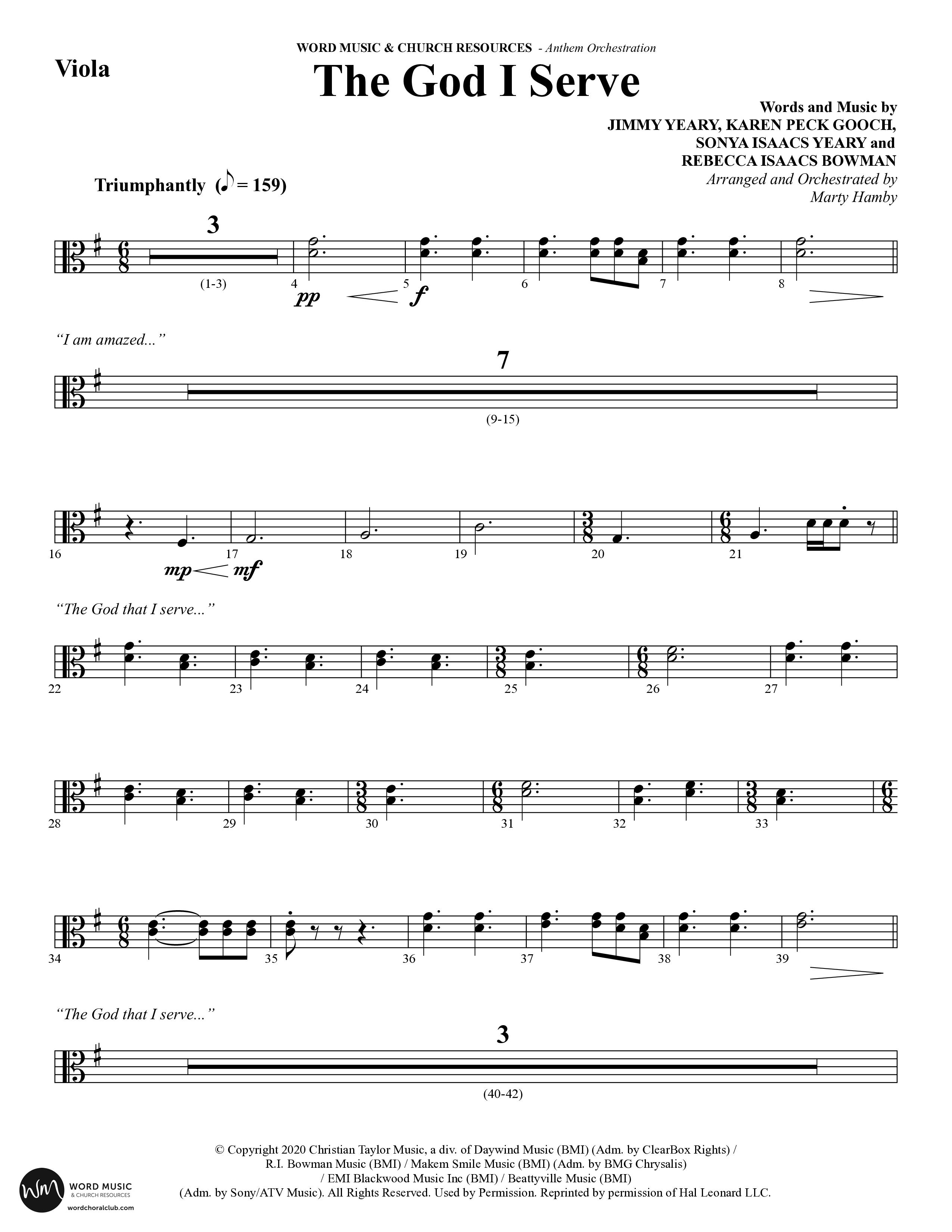 The God I Serve (Choral Anthem SATB) Viola (Word Music Choral / Arr. Marty Hamby)