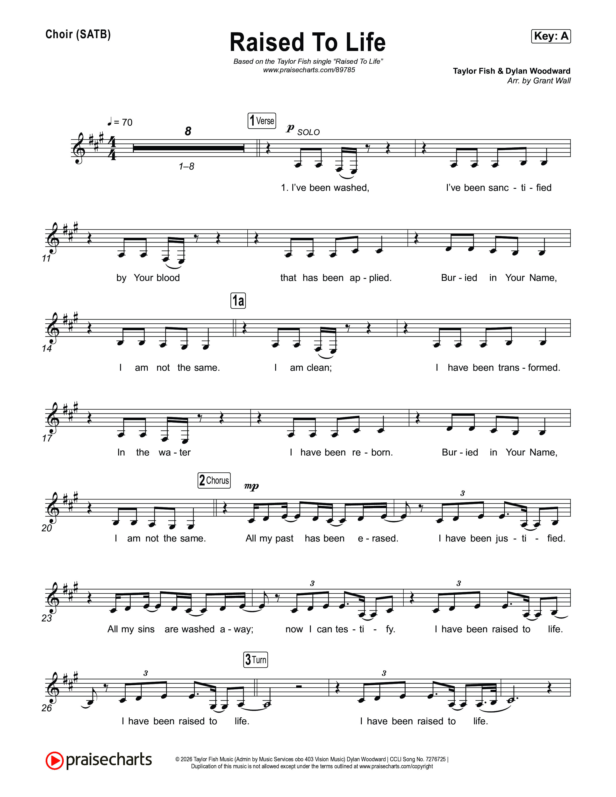 Raised To Life Choir Sheet (SATB) (Taylor Fish)