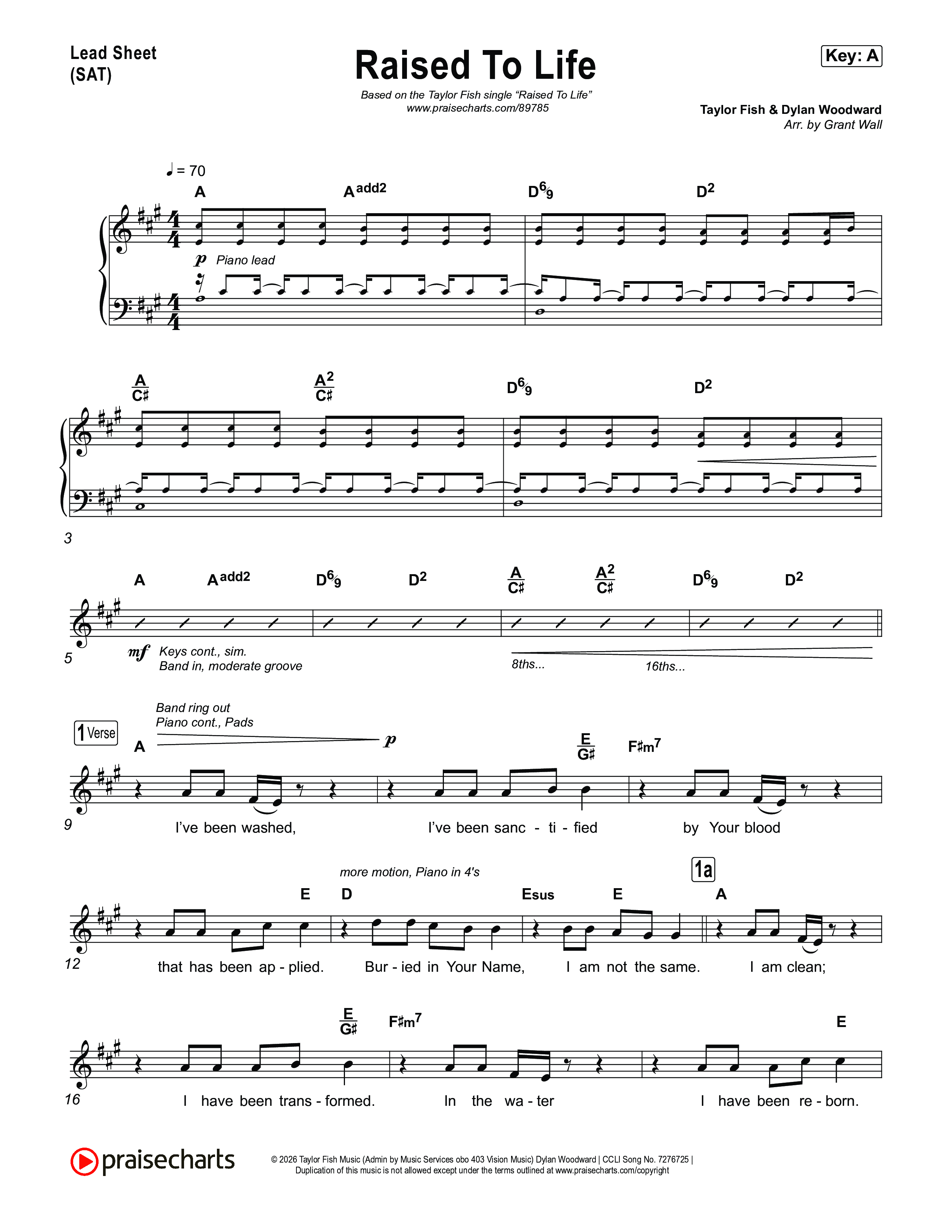 Raised To Life Lead Sheet (SAT) (Taylor Fish)