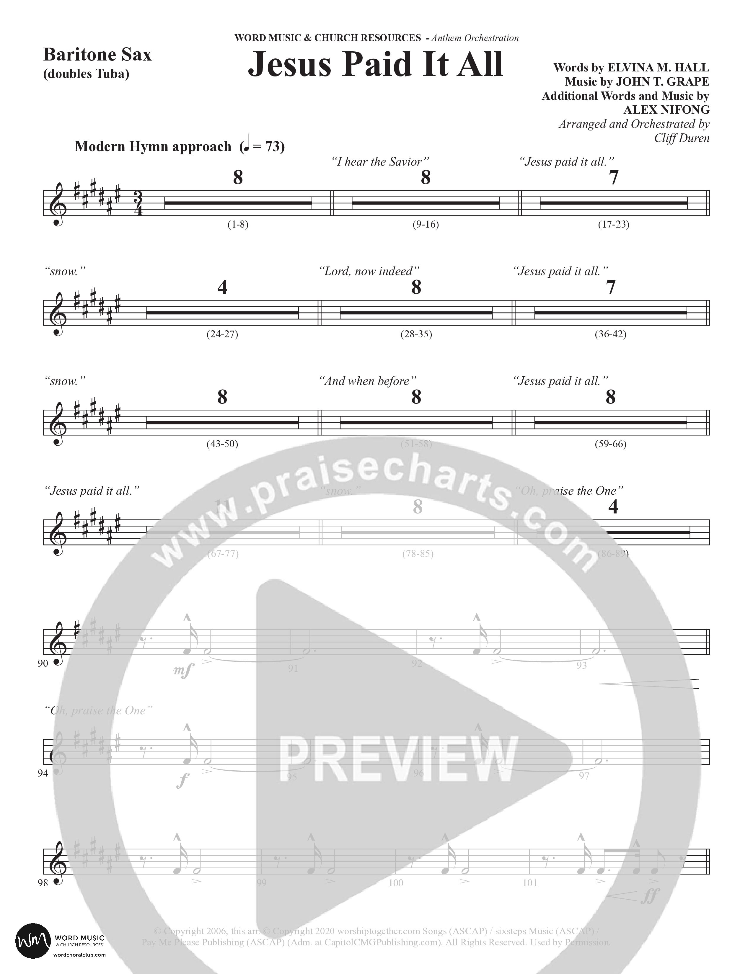 Jesus Paid It All (Choral Anthem SATB) Bari Sax (Word Music Choral / Arr. Cliff Duren)