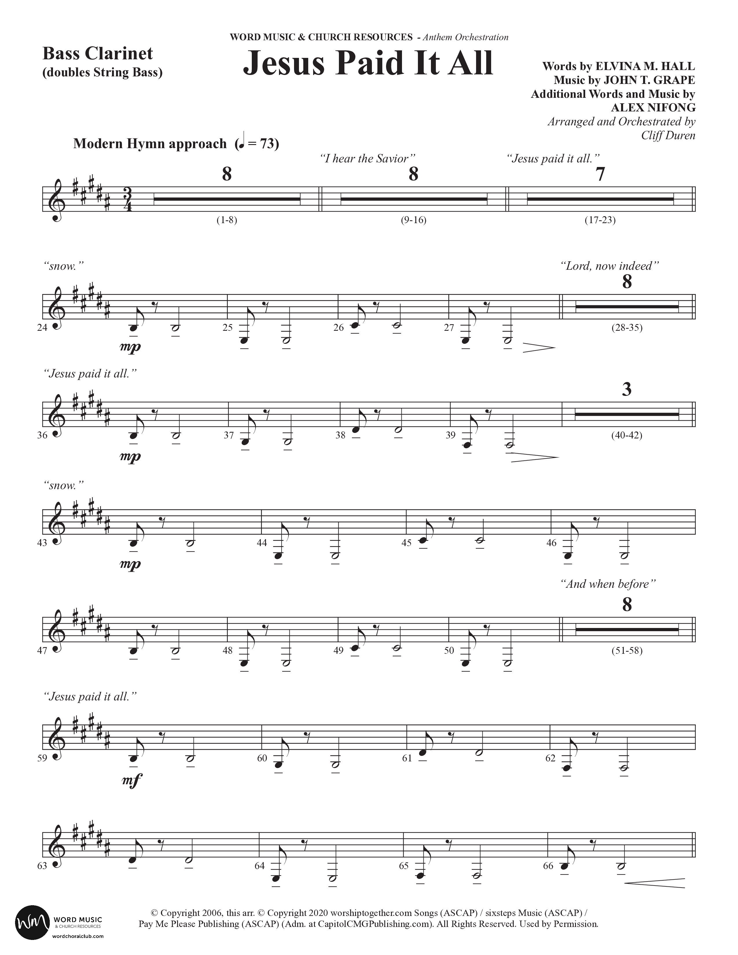 Jesus Paid It All (Choral Anthem SATB) Bass Clarinet (Word Music Choral / Arr. Cliff Duren)