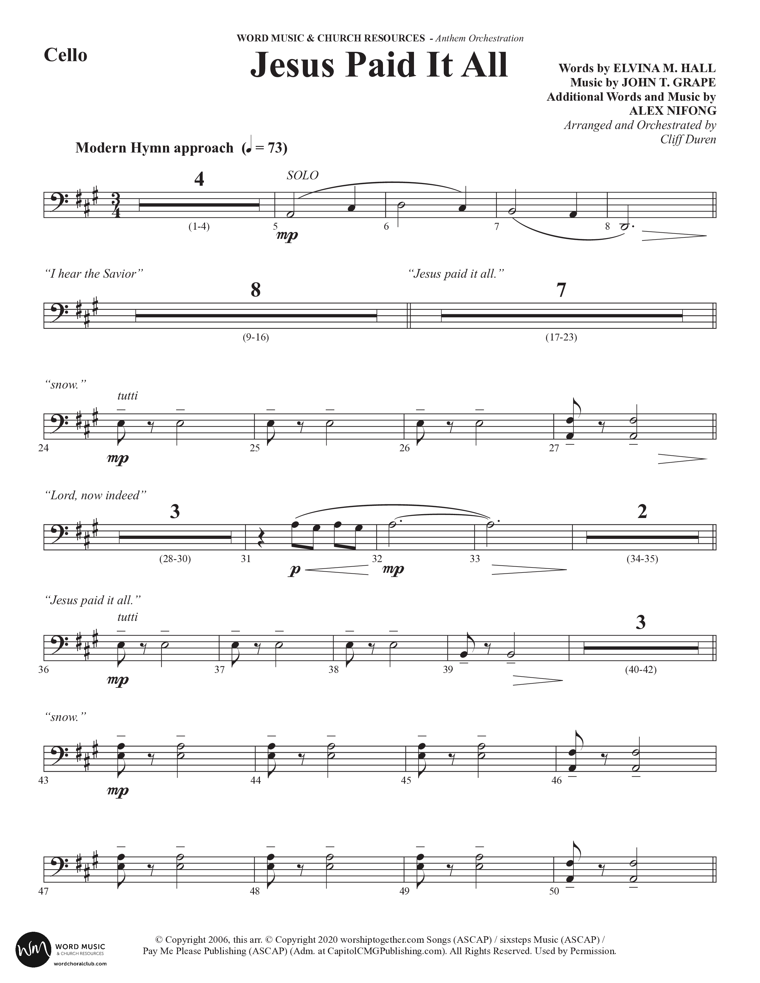Jesus Paid It All (Choral Anthem SATB) Cello (Word Music Choral / Arr. Cliff Duren)