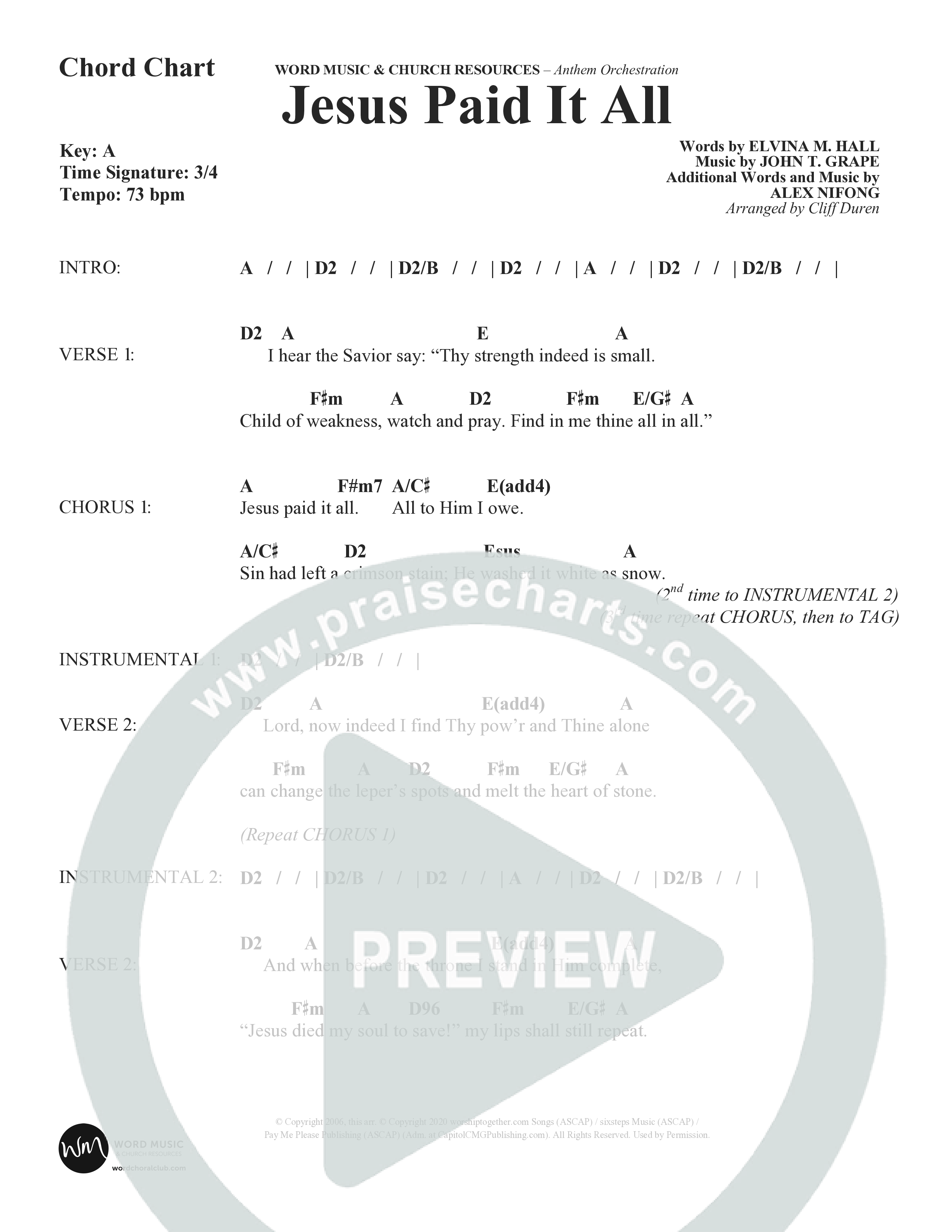 Jesus Paid It All (Choral Anthem SATB) Chord Chart (Word Music Choral / Arr. Cliff Duren)