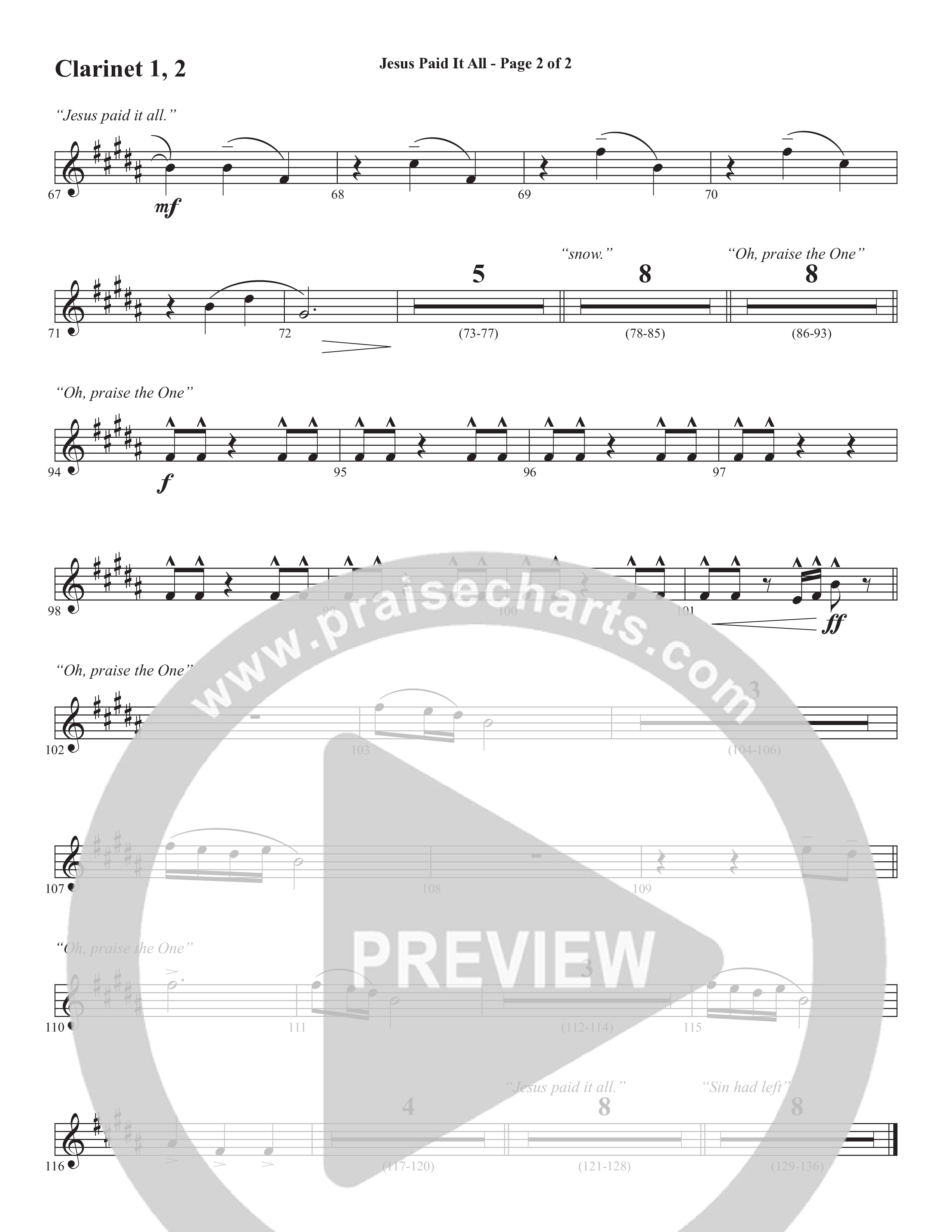 Jesus Paid It All (Choral Anthem SATB) Clarinet 1/2 (Word Music Choral / Arr. Cliff Duren)