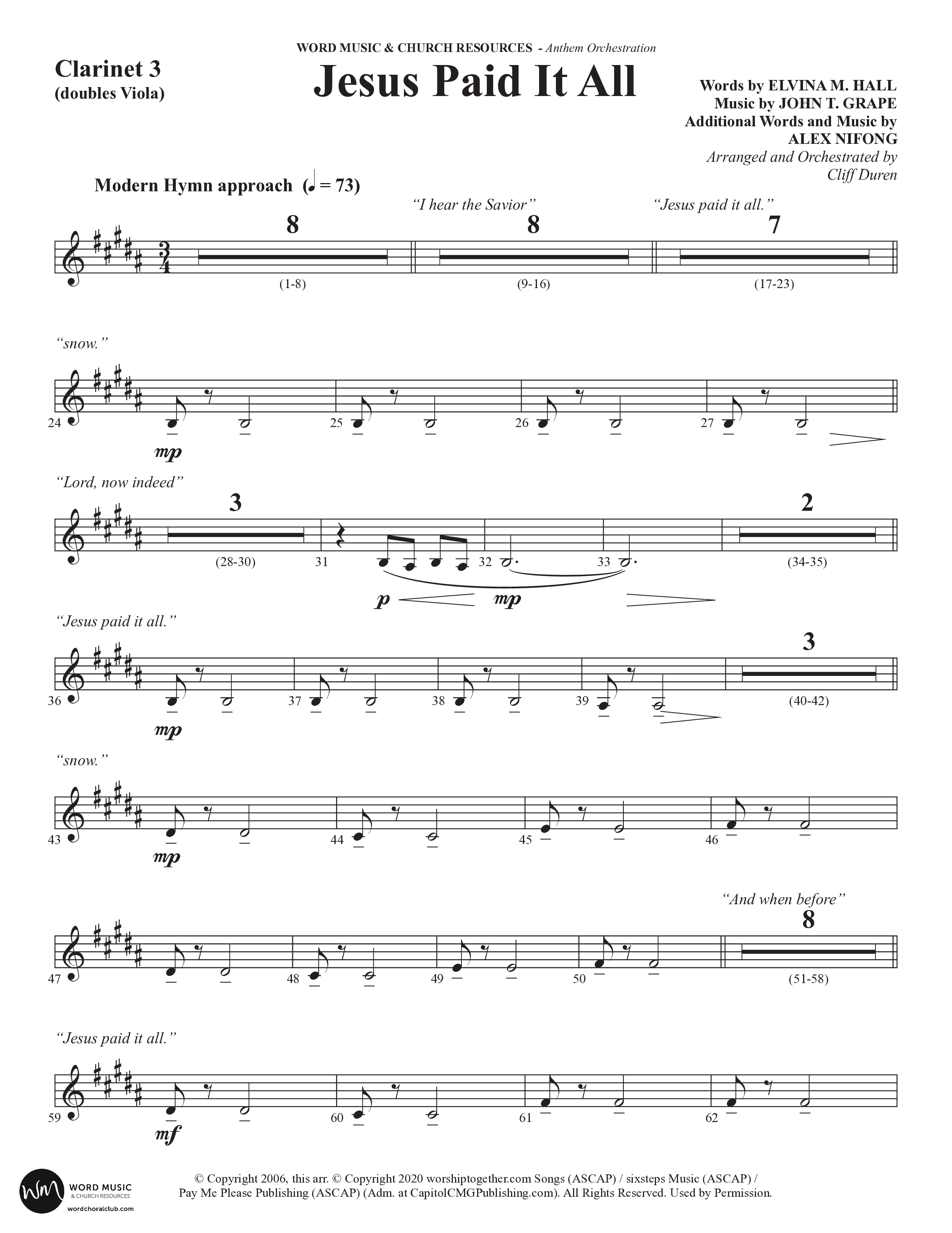 Jesus Paid It All (Choral Anthem SATB) Clarinet 3 (Word Music Choral / Arr. Cliff Duren)