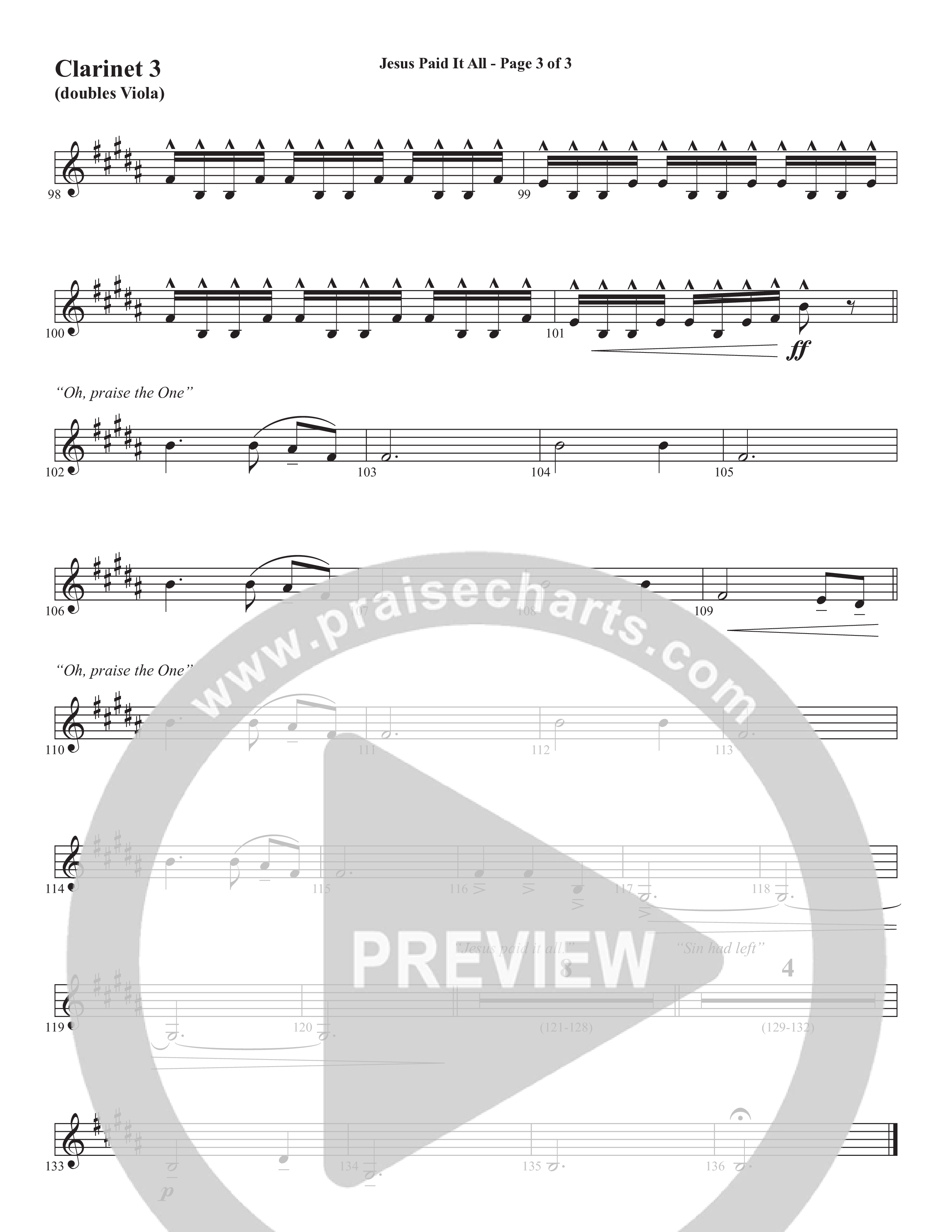 Jesus Paid It All (Choral Anthem SATB) Clarinet 3 (Word Music Choral / Arr. Cliff Duren)