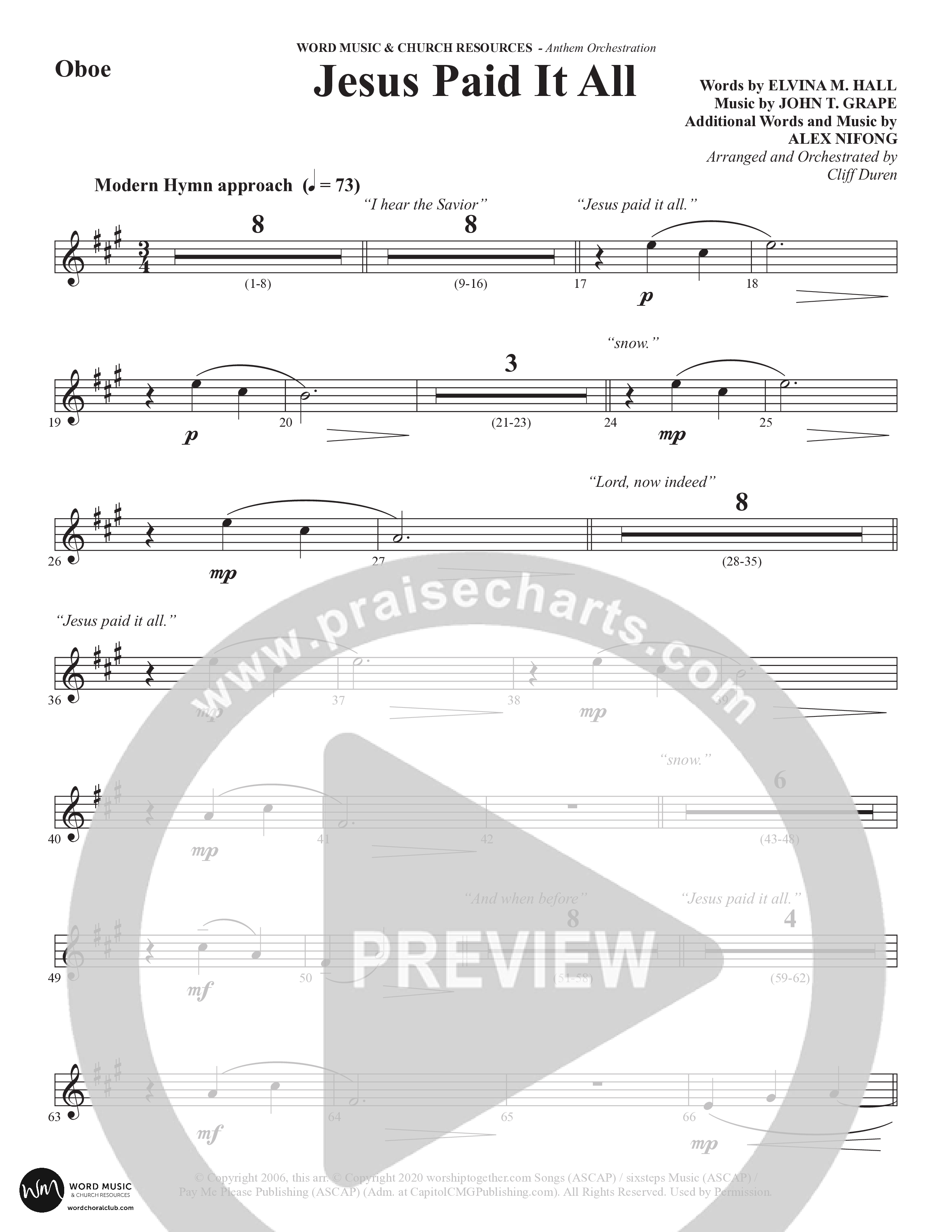 Jesus Paid It All (Choral Anthem SATB) Oboe (Word Music Choral / Arr. Cliff Duren)