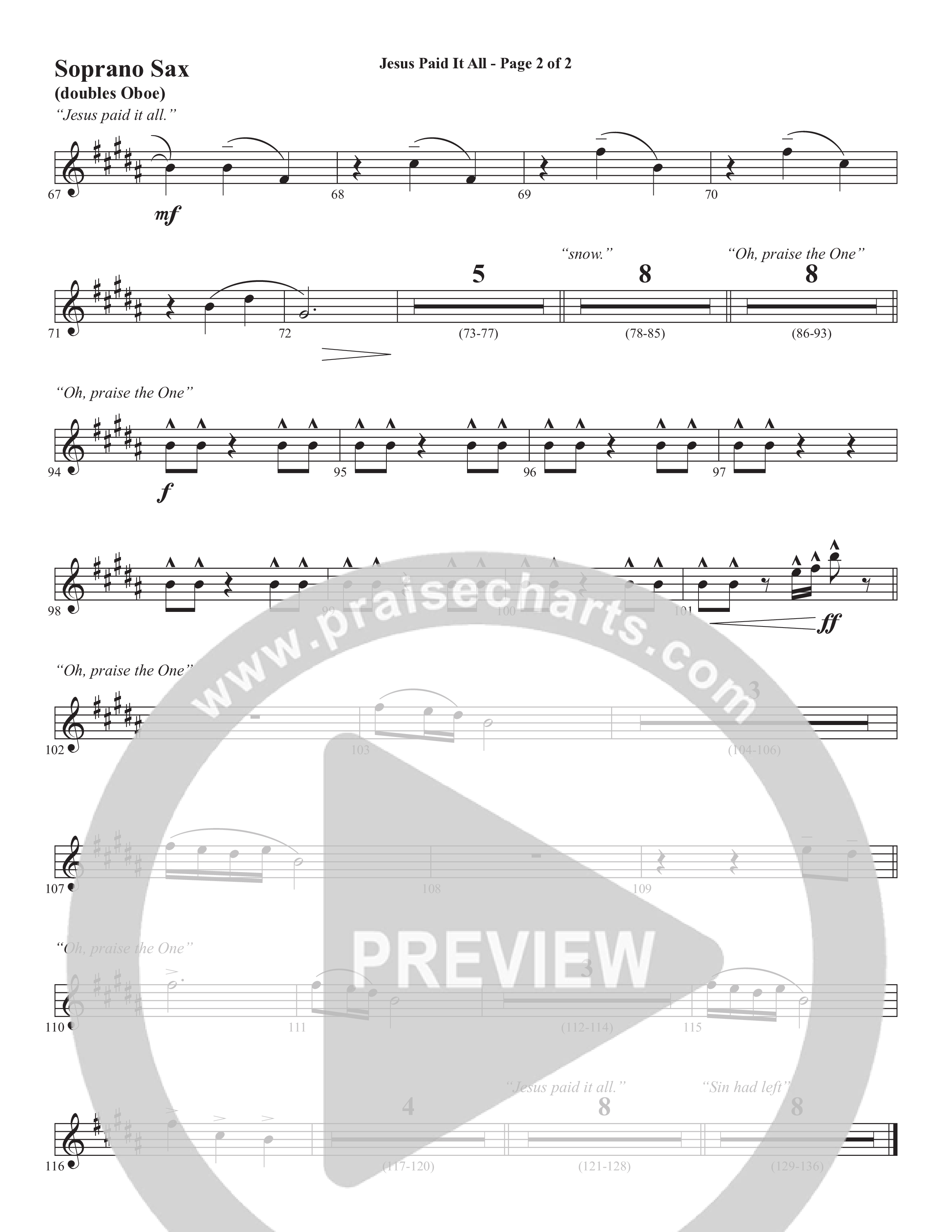 Jesus Paid It All (Choral Anthem SATB) Soprano Sax (Word Music Choral / Arr. Cliff Duren)