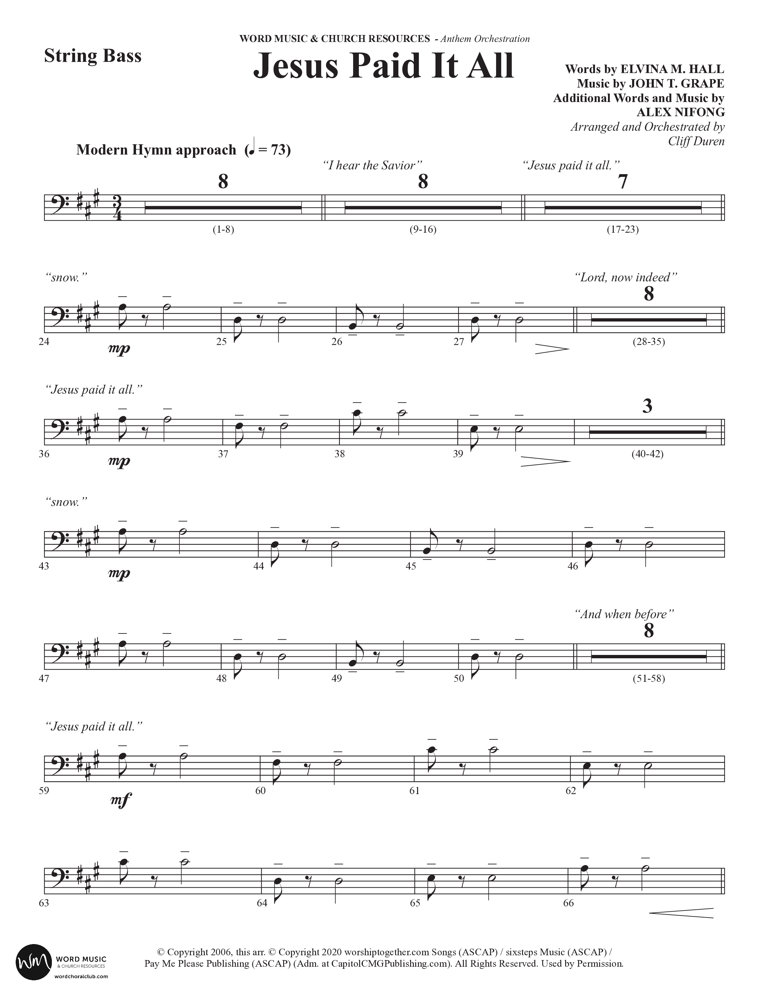 Jesus Paid It All (Choral Anthem SATB) String Bass (Word Music Choral / Arr. Cliff Duren)
