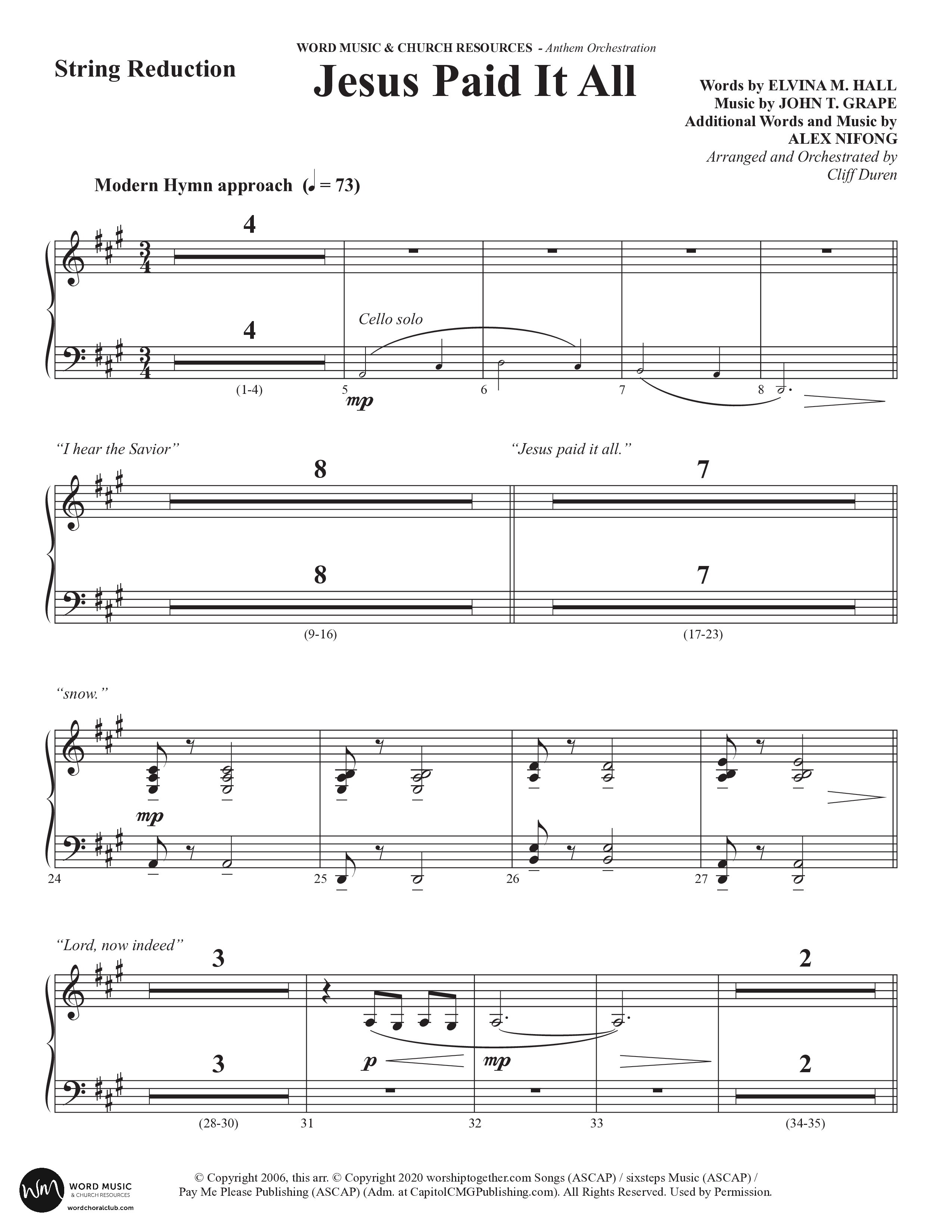 Jesus Paid It All (Choral Anthem SATB) String Reduction (Word Music Choral / Arr. Cliff Duren)