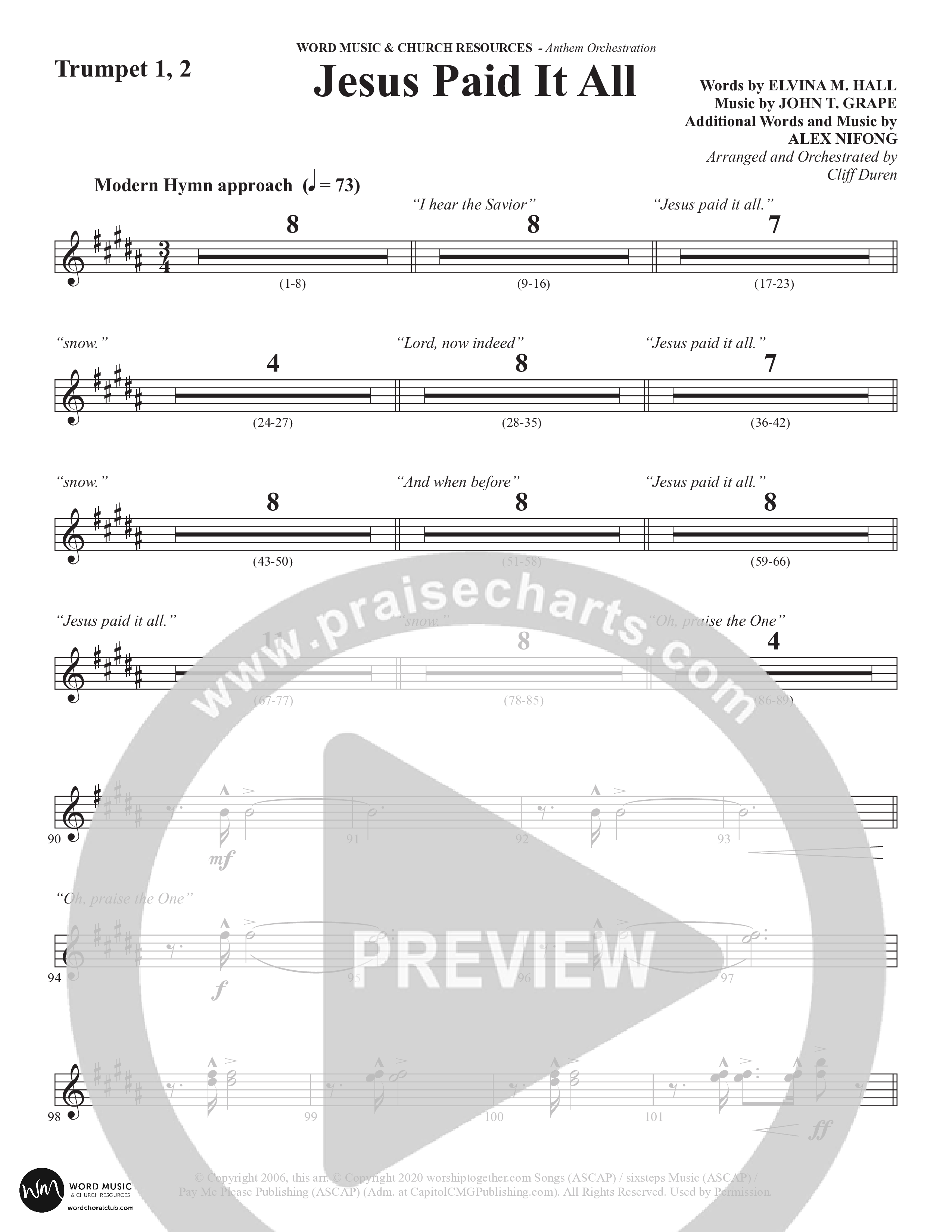 Jesus Paid It All (Choral Anthem SATB) Trumpet 1,2 (Word Music Choral / Arr. Cliff Duren)
