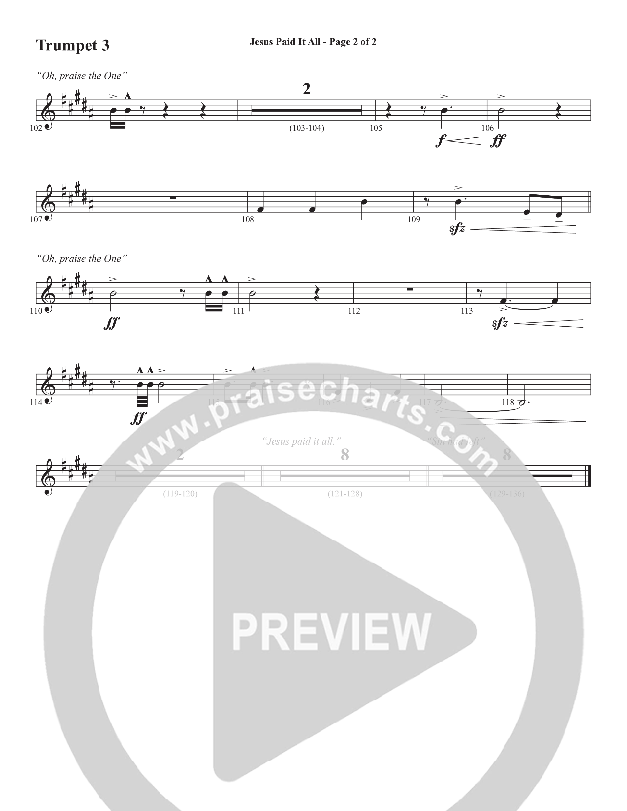 Jesus Paid It All (Choral Anthem SATB) Trumpet 3 (Word Music Choral / Arr. Cliff Duren)