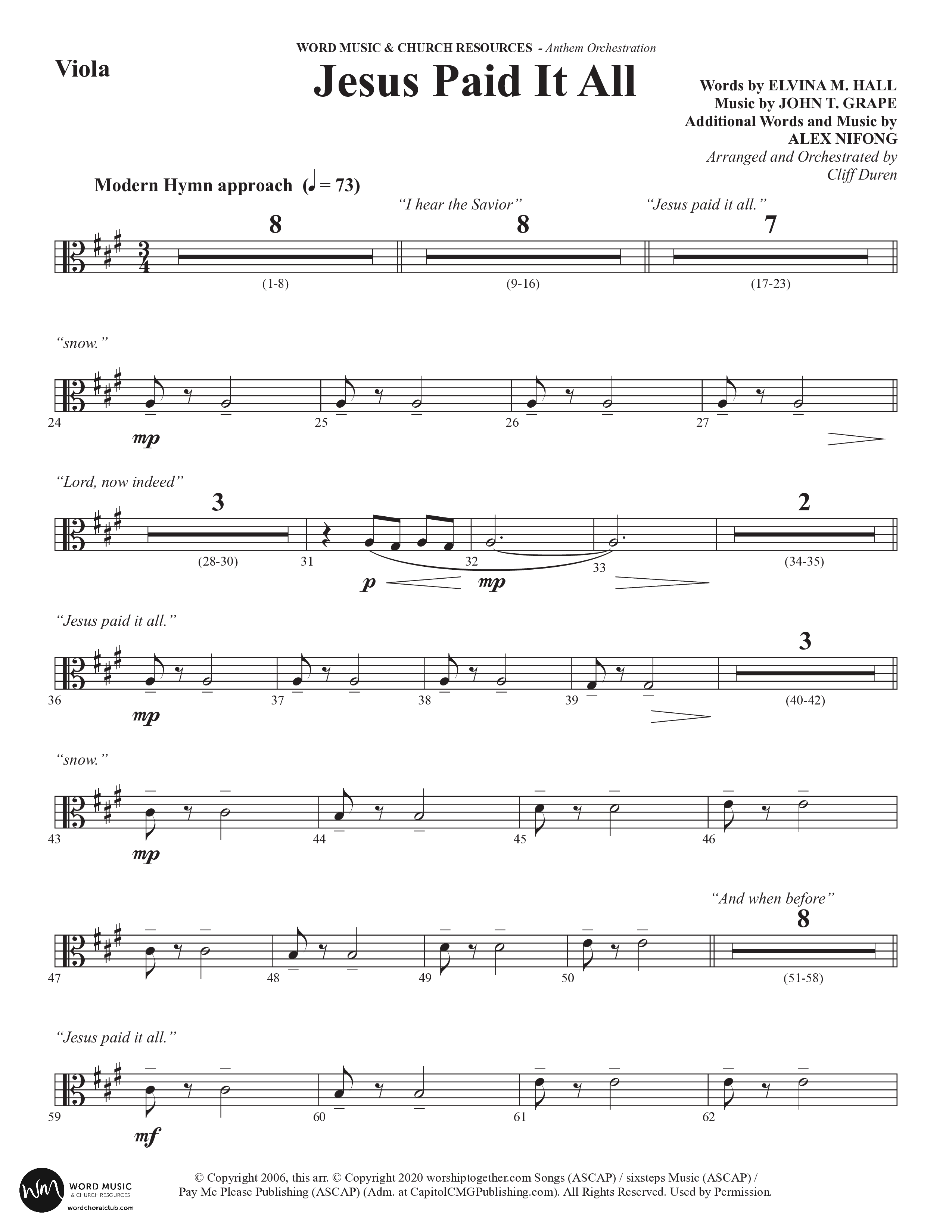 Jesus Paid It All (Choral Anthem SATB) Viola (Word Music Choral / Arr. Cliff Duren)