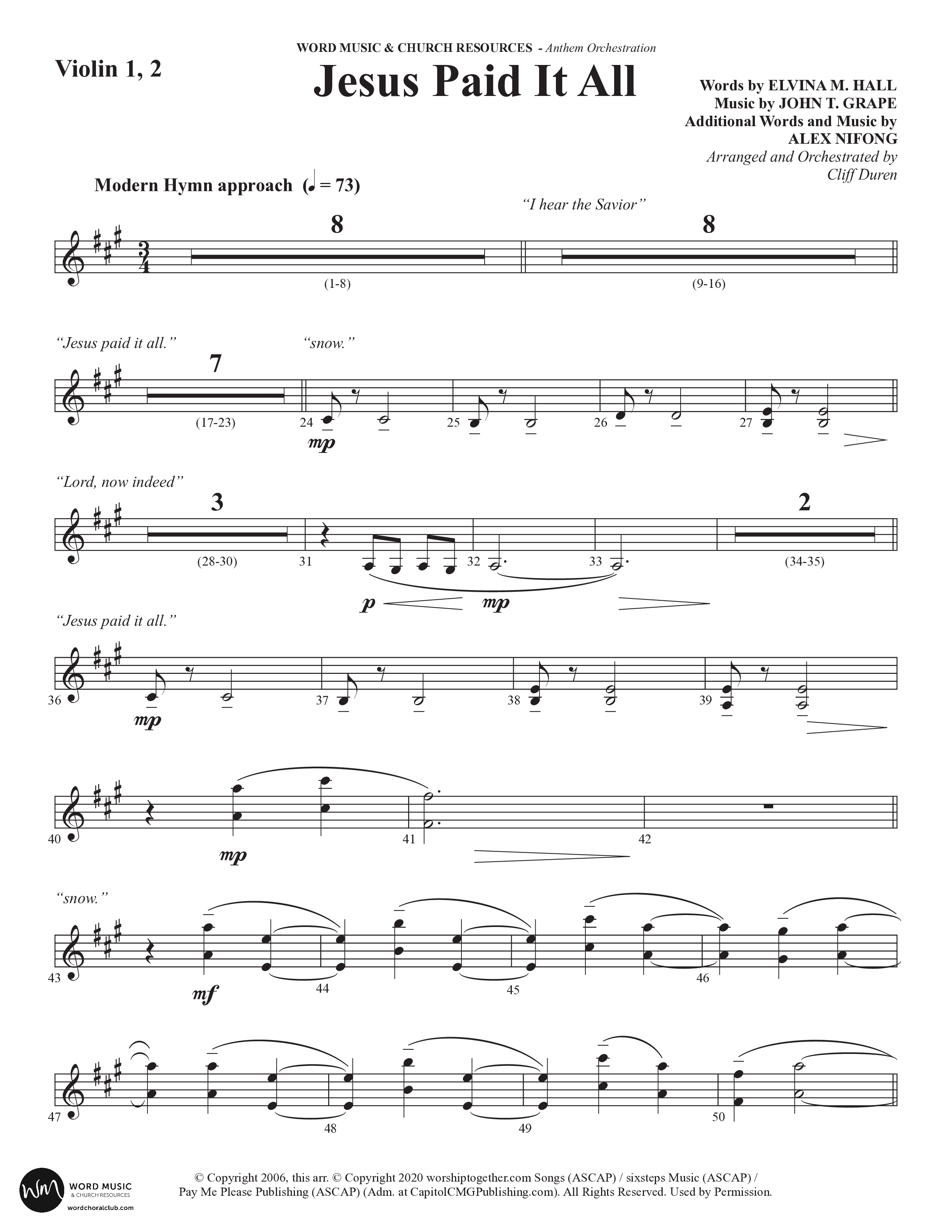 Jesus Paid It All (Choral Anthem SATB) Violin 1/2 (Word Music Choral / Arr. Cliff Duren)