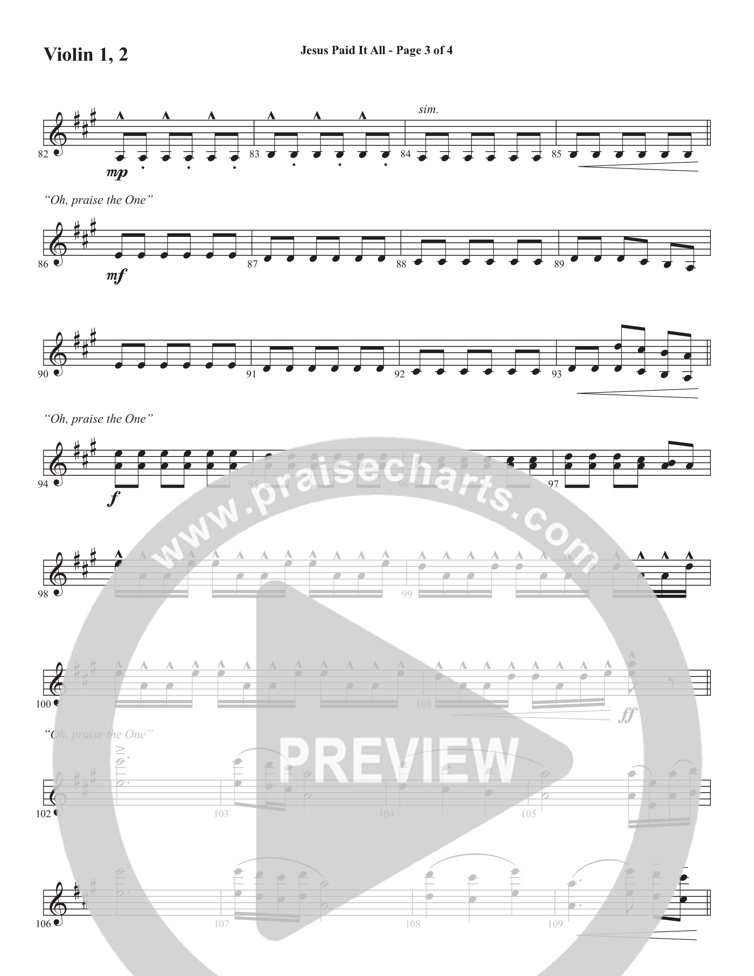Jesus Paid It All (Choral Anthem SATB) Violin 1/2 (Word Music Choral / Arr. Cliff Duren)