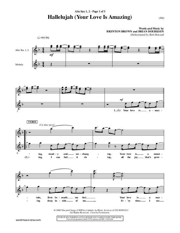 Hallelujah (Your Love Is Amazing) Alto Sax 1/2 (Brian Doerksen)