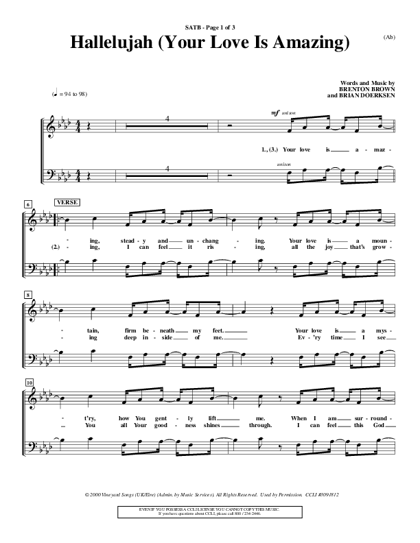 Hallelujah (Your Love Is Amazing) Choir Sheet (SATB) (Brian Doerksen)